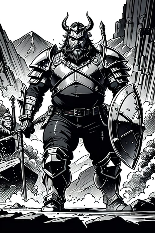 full figure; fantasy dwarf warrior; black&white; sketch; landscape minining site; d&d style; bulky and fat; sturdy; short; chubby; lord of the ring style; very long beard; big nose; full armor; ram horned helm; warhammer and shield; fulm helm; shield on the back; 2-handed battleaxe; fighting stance
