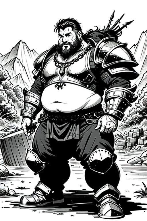 full figure; fantasy dwarf warrior; black&white; sketch; landscape minining site; d&d style; bulky and beer belly; sturdy; short; chubby; lord of the ring style; chainmail; long beard; puffy nose; full armor
