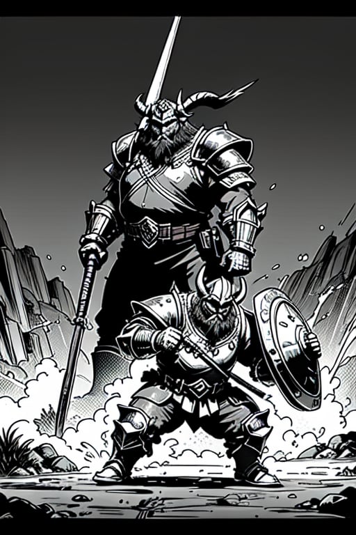 full figure; fantasy dwarf warrior; black&white; sketch; landscape minining site; d&d style; bulky and fat; sturdy; short; chubby; lord of the ring style; very long beard; big nose; full armor; ram horned helm; warhammer and shield; fulm helm; shield on the back;  fighting stance; charging attack; huge warhammer
