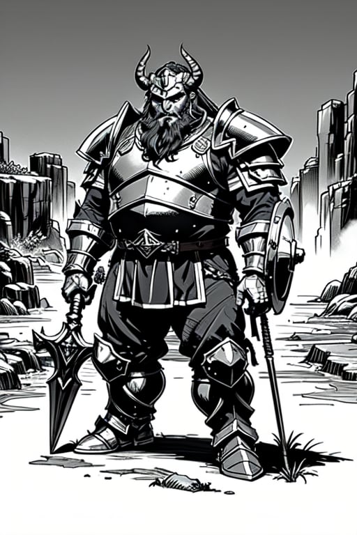 full figure; fantasy dwarf warrior; black&white; sketch; landscape minining site; d&d style; bulky and fat; sturdy; short; chubby; lord of the ring style; very long beard; big nose; full armor; horned helm; warhammer and shield; 
