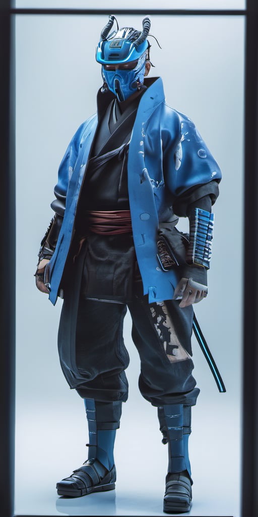 cyberpunk, samurai, blue, full_figure, mask