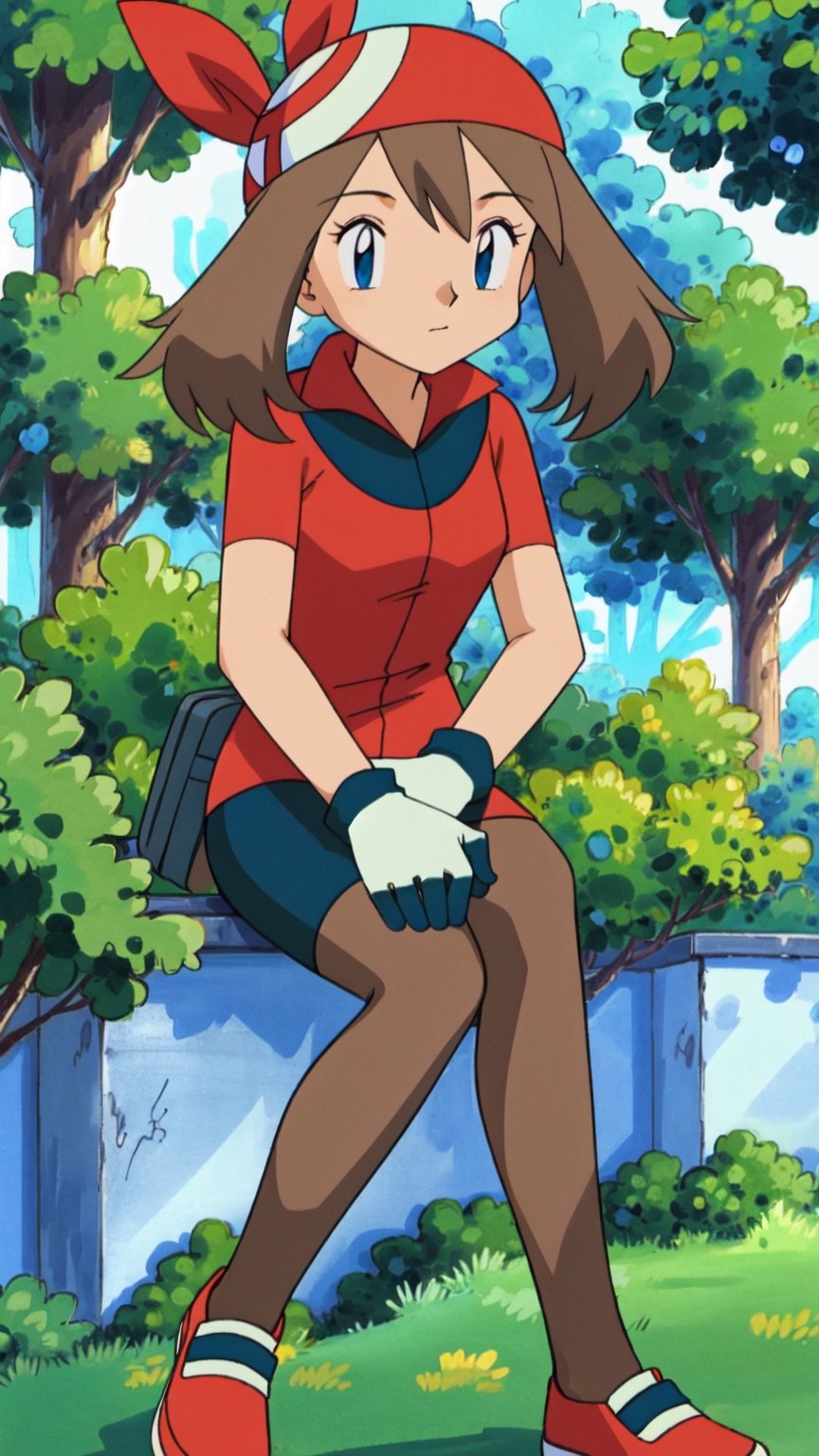 <May>
(asbsurdres, highres, best quality, masterpiece, outdoors, 1girl, solo, may (pokemon),

<Clothes>
(red shirt, bandana with two braids, white gloves,)
sitting, v, cute 