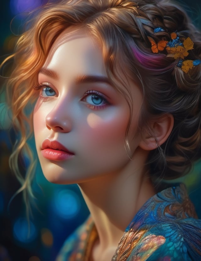 impressionist portrait: philosophical pose, style anime thinking, creature, incredible beauty, very detailed, intricate details, magic , mysterious, , highly detailed, vived color, uhd, 16K , Mysterious