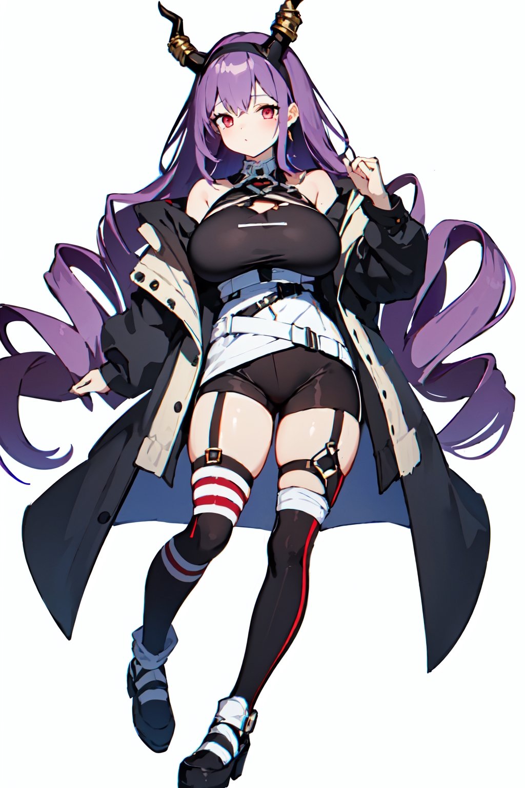 masterpiece, typhon, 1girl, solo, (huge breasts:1.2), simple background, (small girl), dragon horns, very long hair, hairband, purple hair, red eyes, black shirt, black shorts, garter straps, grey coat, off shoulder, open coat, (asymmetrical legwear, single thighhigh:1.2), thigh strap