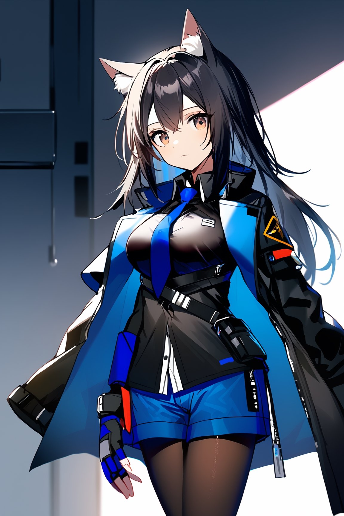  1girl, animal_ear_fluff, animal_ears, arknights, black_hair, black_jacket, black_pantyhose, black_vest, blue_gloves, blue_necktie, blue_shorts, breasts, brown_eyes, closed_mouth, fingerless_gloves, gloves, jacket, jacket_on_shoulders, long_hair, long_sleeves, looking_at_viewer, medium_breasts, necktie, pantyhose, pantyhose_under_shorts, shirt, shorts, solo, texas_(arknights), texas_the_omertosa_(arknights), very_long_hair, vest, white_shirt, wolf_ears