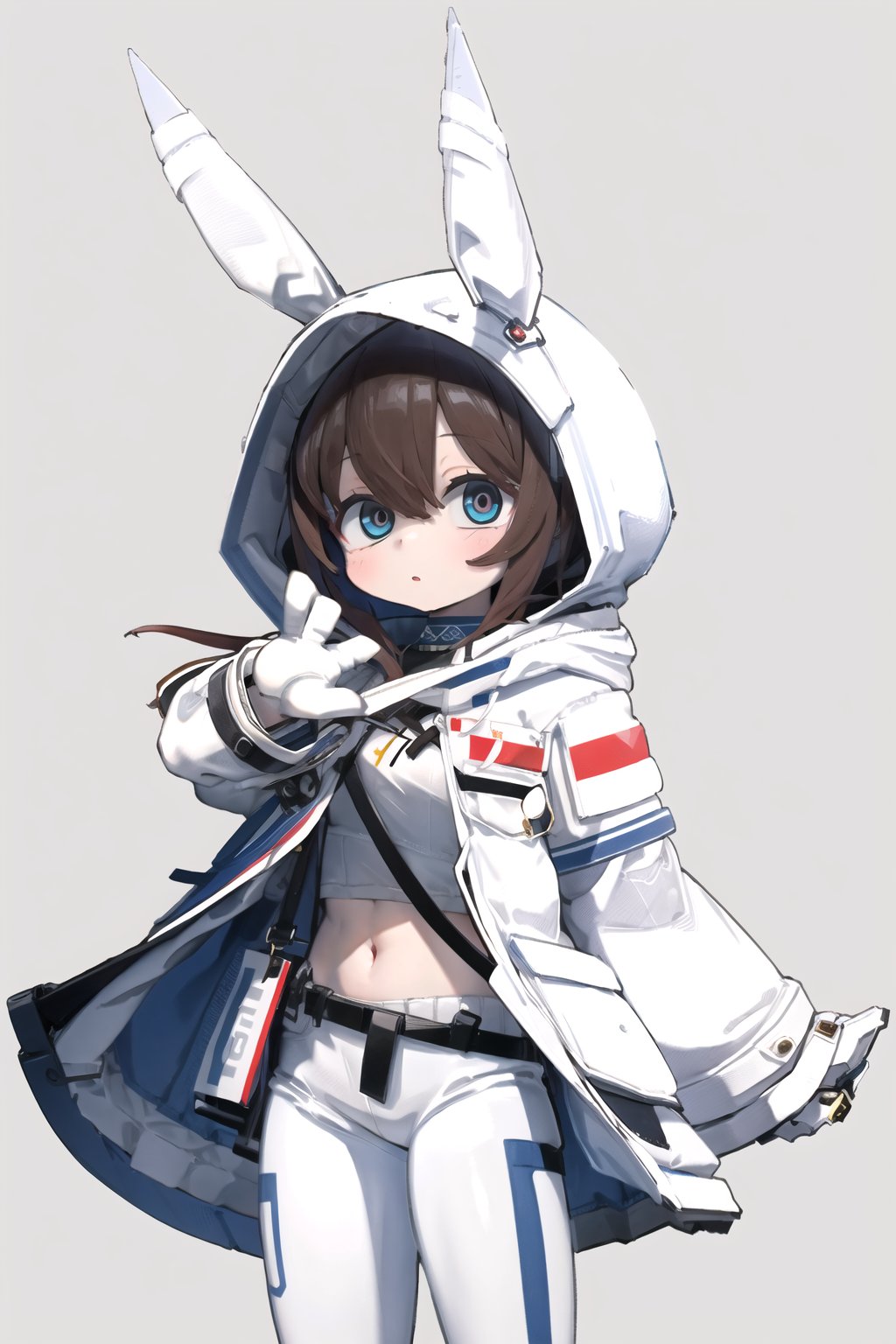 masterpiece, high quality, 1girl, simple background, amiyaCASA,rabbit ears, hood up, open hoodie, white pants,cowboy shot, standing, looking at viewer