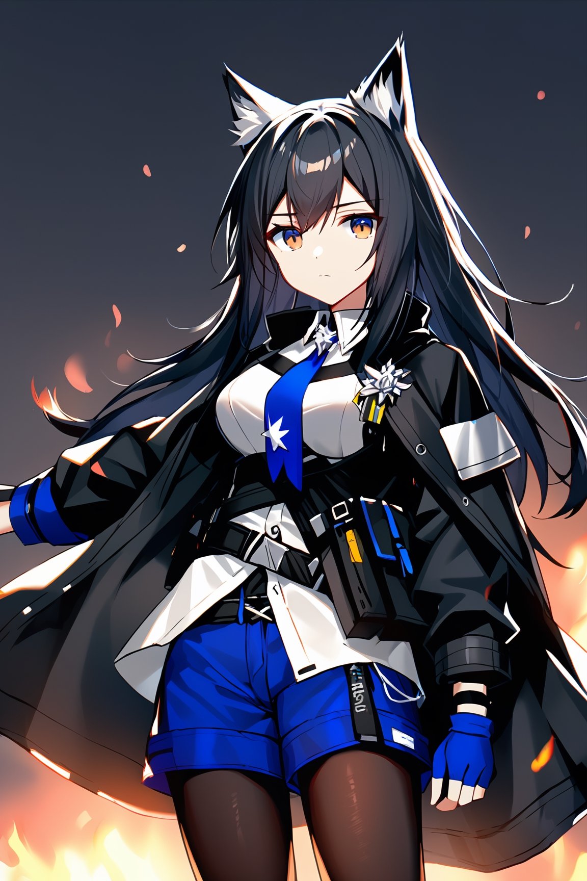  1girl, animal_ear_fluff, animal_ears, arknights, black_hair, black_jacket, black_pantyhose, black_vest, blue_gloves, blue_necktie, blue_shorts, breasts, brown_eyes, closed_mouth, fingerless_gloves, fire, gloves, jacket, jacket_on_shoulders, long_hair, long_sleeves, looking_at_viewer, medium_breasts, necktie, pantyhose, pantyhose_under_shorts, shirt, shorts, solo, texas_(arknights), texas_the_omertosa_(arknights), very_long_hair, vest, white_shirt, wolf_ears