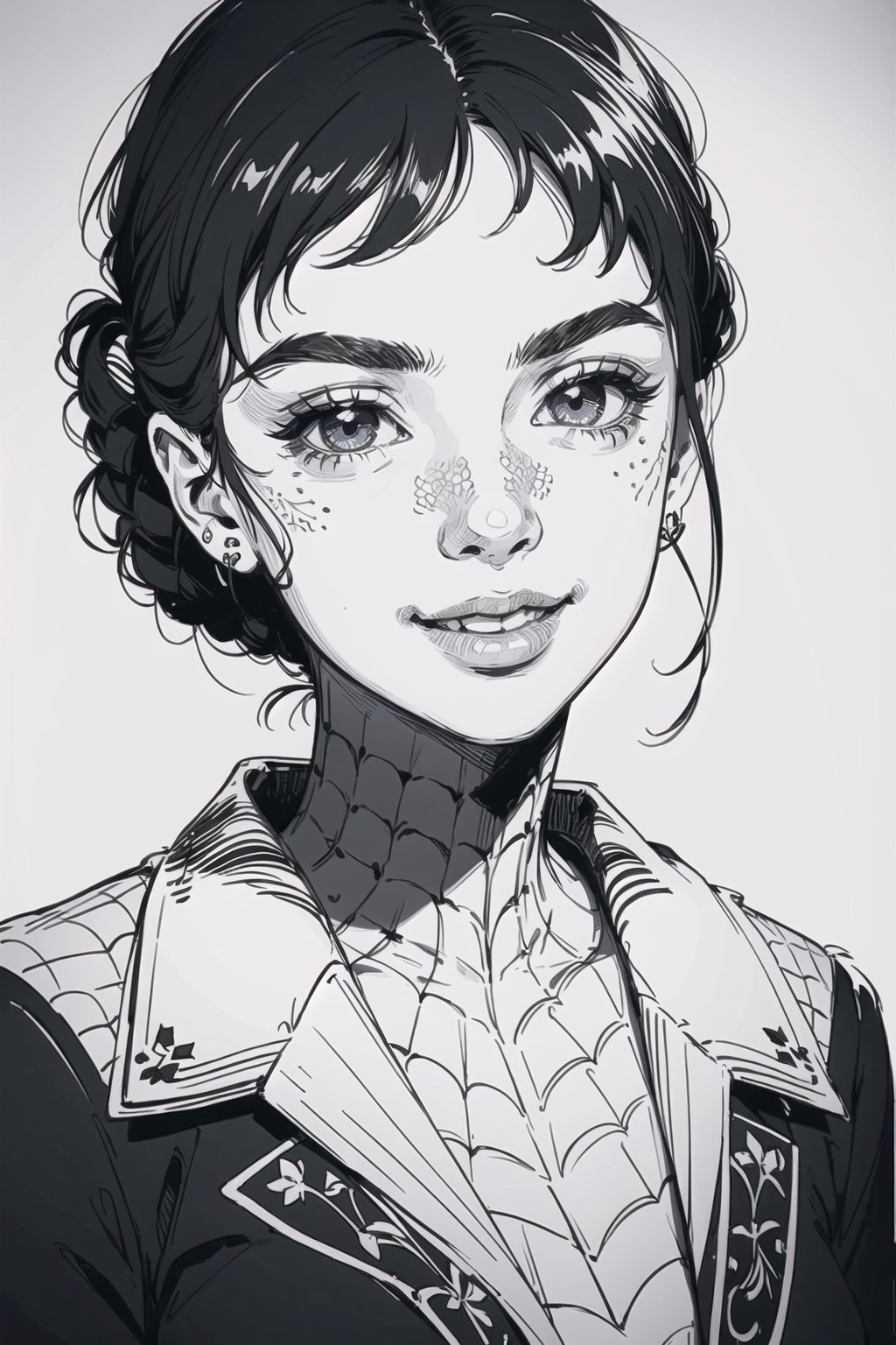 1girl, masterpiece, top quality, 8K, detailed skin texture, detailed cloth texture, beautiful detailed face, intricate details, ultra Details, Audrey Hepburn smile, Spiderman uniform, sorrel fluffy hair, (half body: 1.2), （smile face）, warm lighting,monochrome,DRAWING,Pixel art