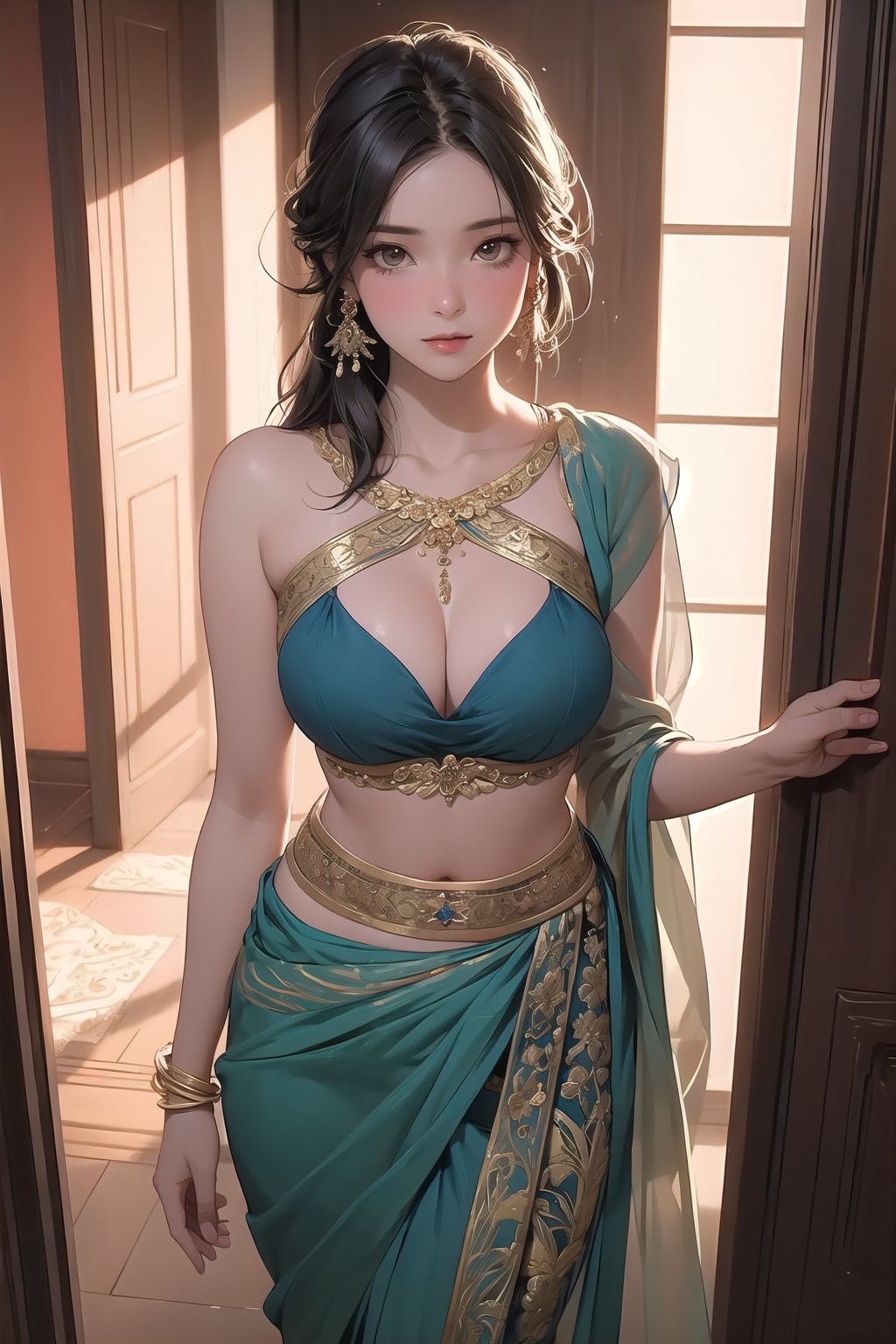 (extremely detailed 8k wallpaper:1.3), full-body shot of a very beautiful girl wearing a complete Indian saree, traditional wear, (big waist), (big chest), shy expression, looking at the viewer, (masterpiece:1.2), (cinematic lighting), opening the door of a room, intricate saree details, (flowing fabric:1.1), photorealistic, (vivid colors), (elaborate background), (sharp focus), trending on ArtStation, trending on CGSociety, breathtakingly beautiful,open door,Saree,doorway
