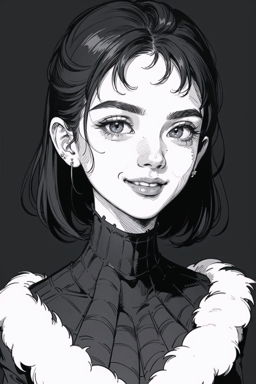 1girl, masterpiece, top quality, 8K, detailed skin texture, detailed cloth texture, beautiful detailed face, intricate details, ultra Details, Audrey Hepburn smile, Spiderman uniform, sorrel fluffy hair, (half body: 1.2), （smile face）, warm lighting,monochrome,DRAWING,Pixel art