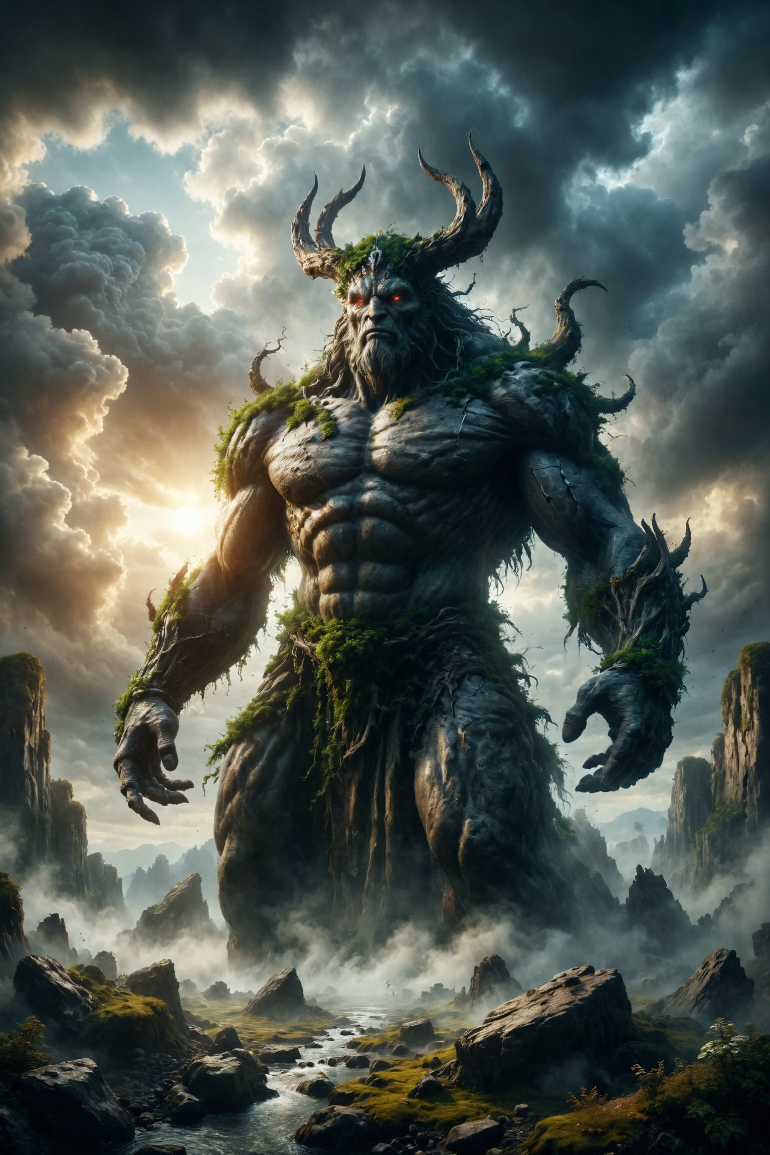 gigant epic god of earth, full body, god of the earth, set in a landscape of mythical earth, epic and mistic composition