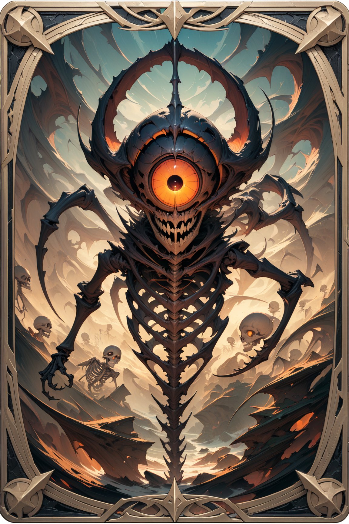 (masterpiece:1.4), ((best quality, 8k, ultra-detailed)), skeleton ciclope, monster illustration, beautiful, full body, in TCG Card frame