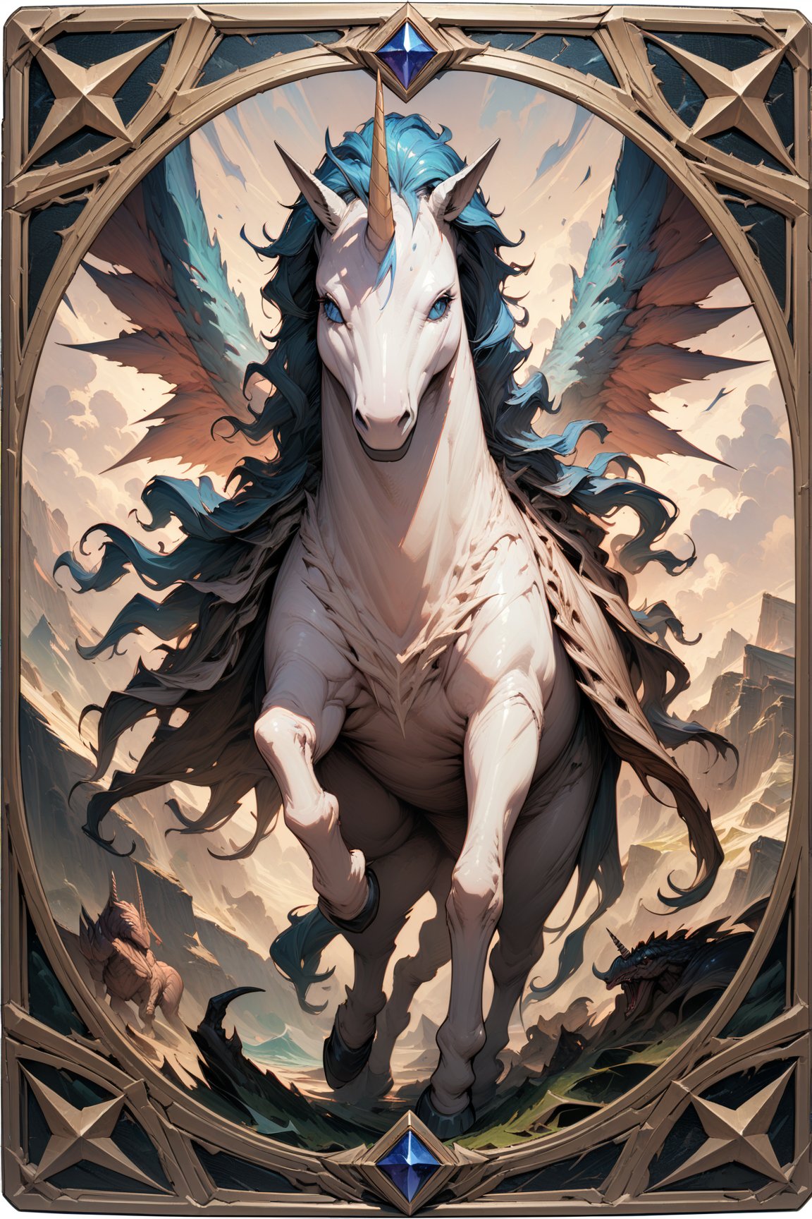 (masterpiece:1.4), ((best quality, 8k, ultra-detailed)), unicorn, monster illustration, beautiful, full body, in TCG Card frame