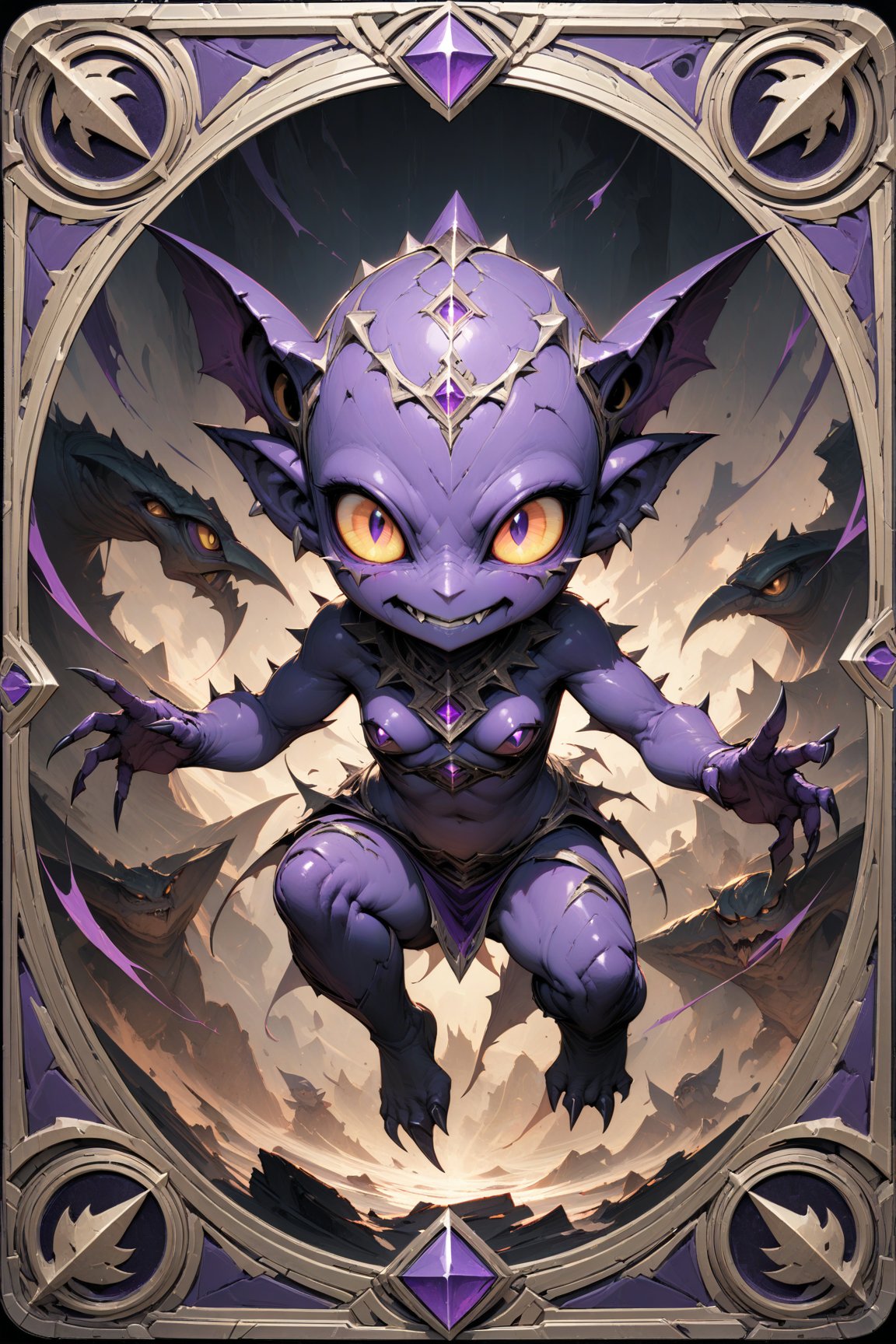 (masterpiece:1.4), ((best quality, 8k, ultra-detailed)), imp, CYCLOPE PURPLE illustration, beautiful, full body, in TCG Card frame
