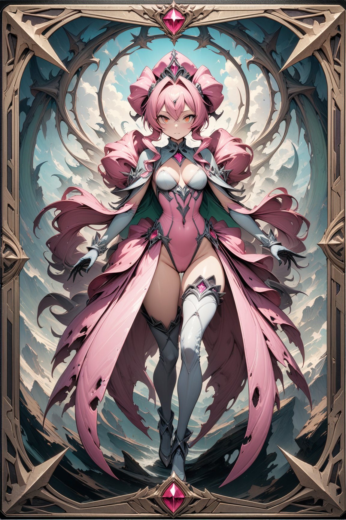 (masterpiece:1.4), ((best quality, 8k, ultra-detailed)), lancardium lady pink, monster illustration, beautiful, full body, in TCG Card frame
