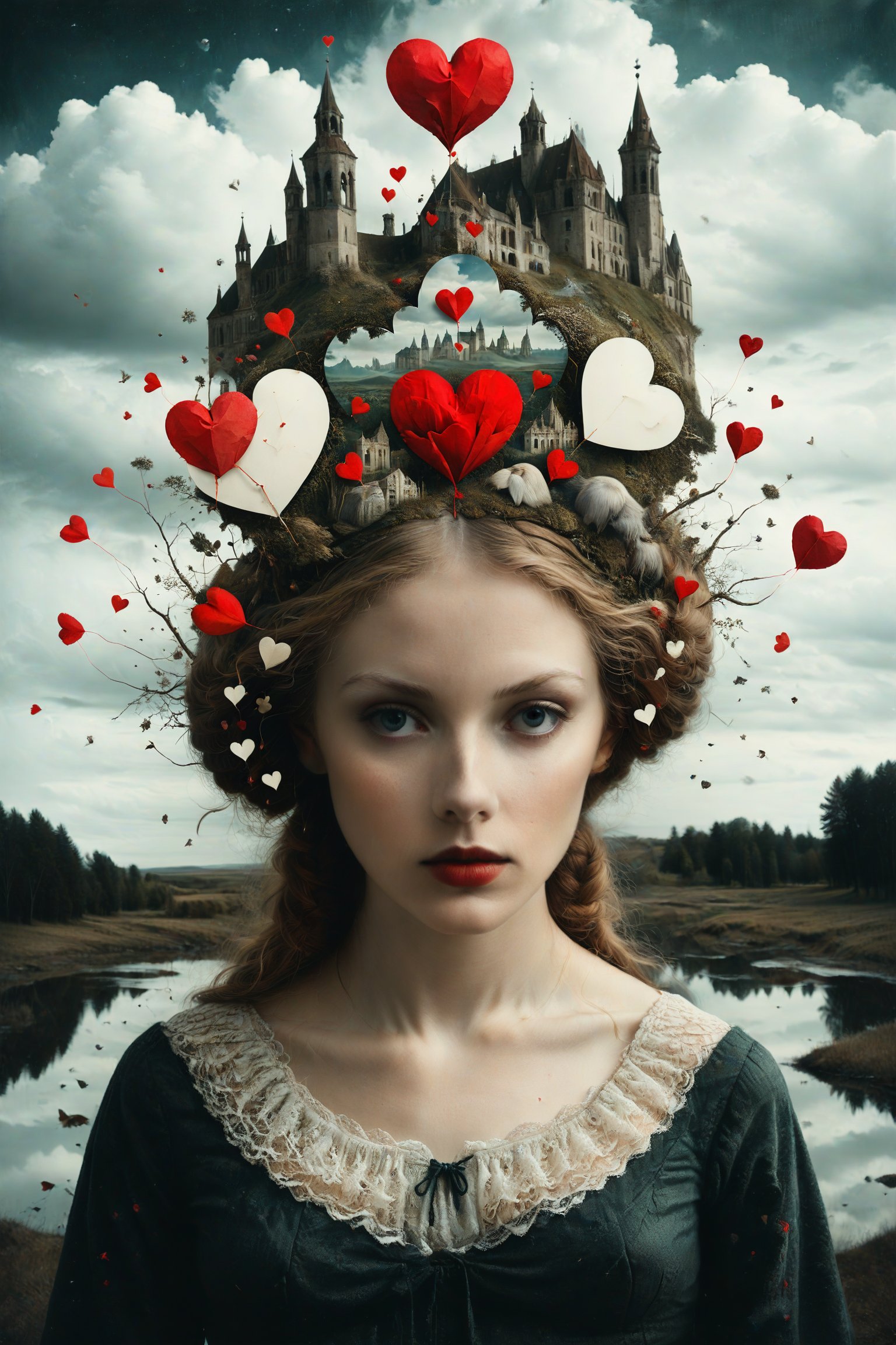 Generate an aesthetically fascinating collage artwork, complex double exposure art by Alex Stoddard, Natalia Drepina and Brooke Shaden, a surreal postcard. Double exposure of a woman with a hearts composition in her head, as a form of thoughts. long_exposure, long_exposure