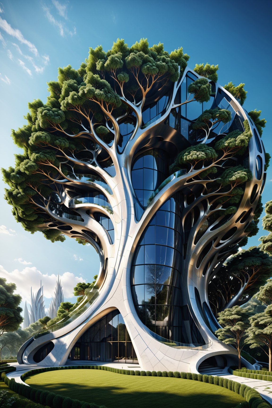 High definition photorealistic render of a incredible and mysterious mythological tree architecture parametrical gigant contruction with hypermaximalist details, marble, metal and glass parametric zaha hadid