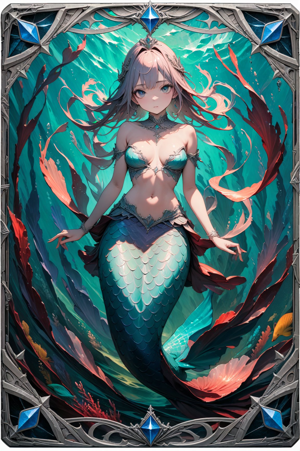 (masterpiece:1.4), ((best quality, 8k, ultra-detailed)), mermaid illustration, beautiful, full body, in TCG Card frame
