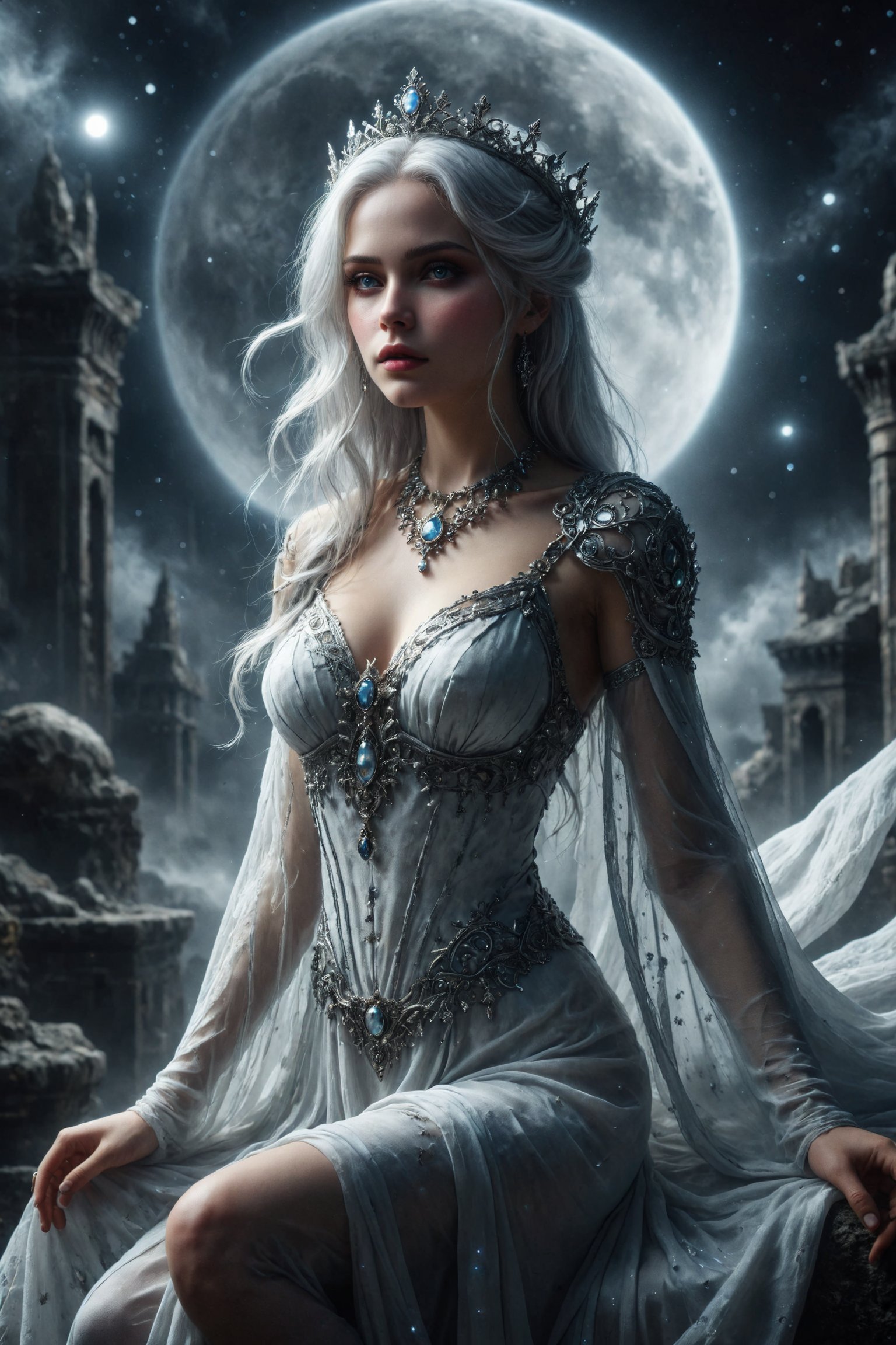Queen King of moom selene full body,silver hair, tunic with, Beautiful and serene magnificient escene. 
