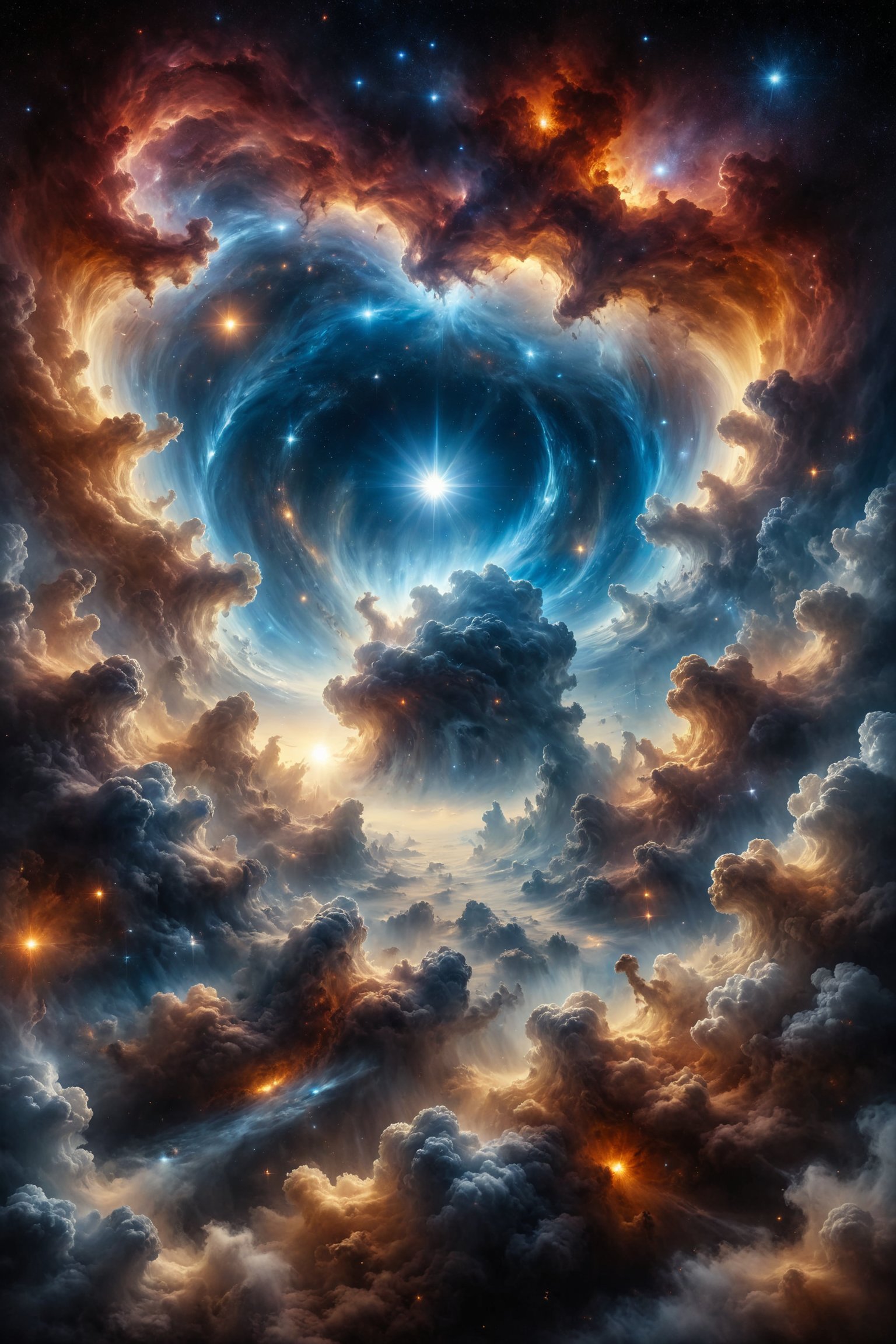 genera una hermosa escena de fantacia, dentro del espacio del cielo, rodeado de nubes etereas, Una estrella centelleante en la Vía Láctea, emanando paz y serenidad a través del vasto cosmos.