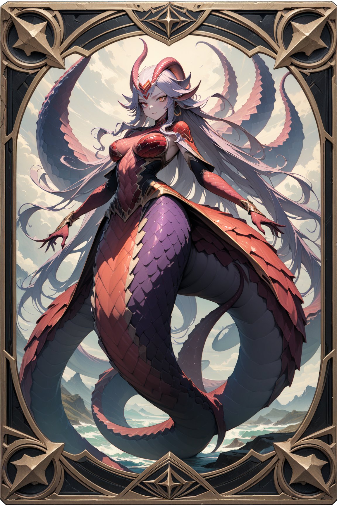 (masterpiece:1.4), ((best quality, 8k, ultra-detailed)), Lamia lady, monster illustration, beautiful, full body, in TCG Card frame