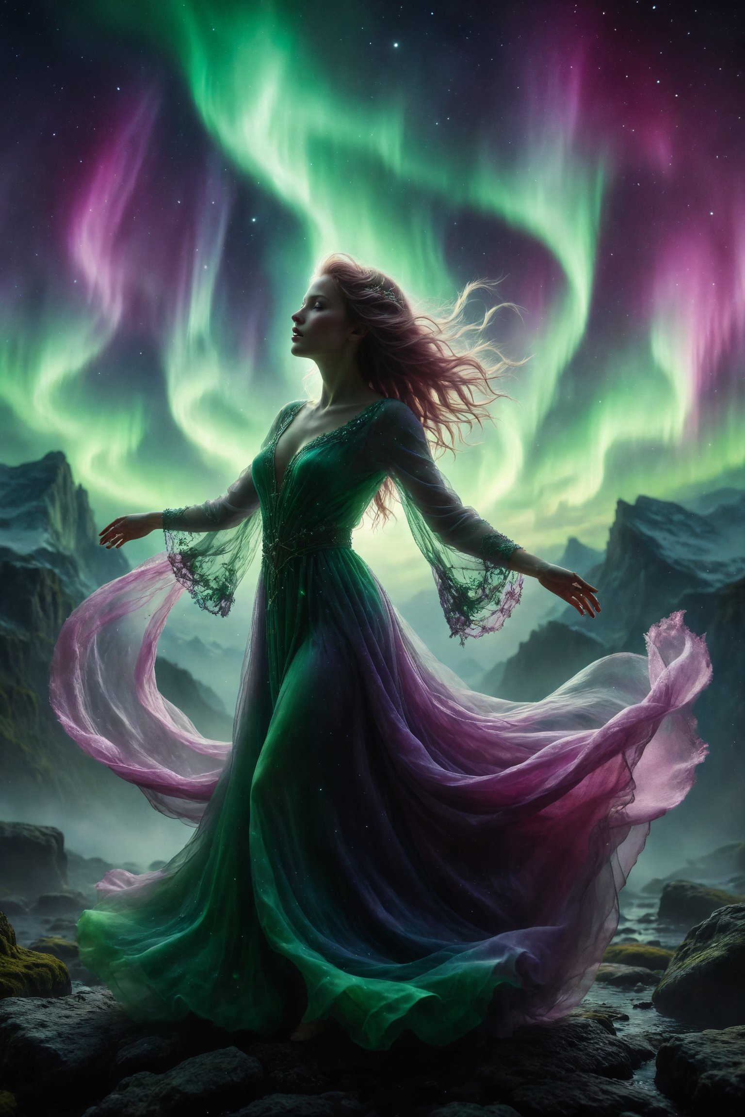 Queen of Northern Lights Aurora dances across the sky in shimmering robes of greens, purples, and pinks, with hair that glows like the northern lights. Her movements are graceful and mesmerizing.