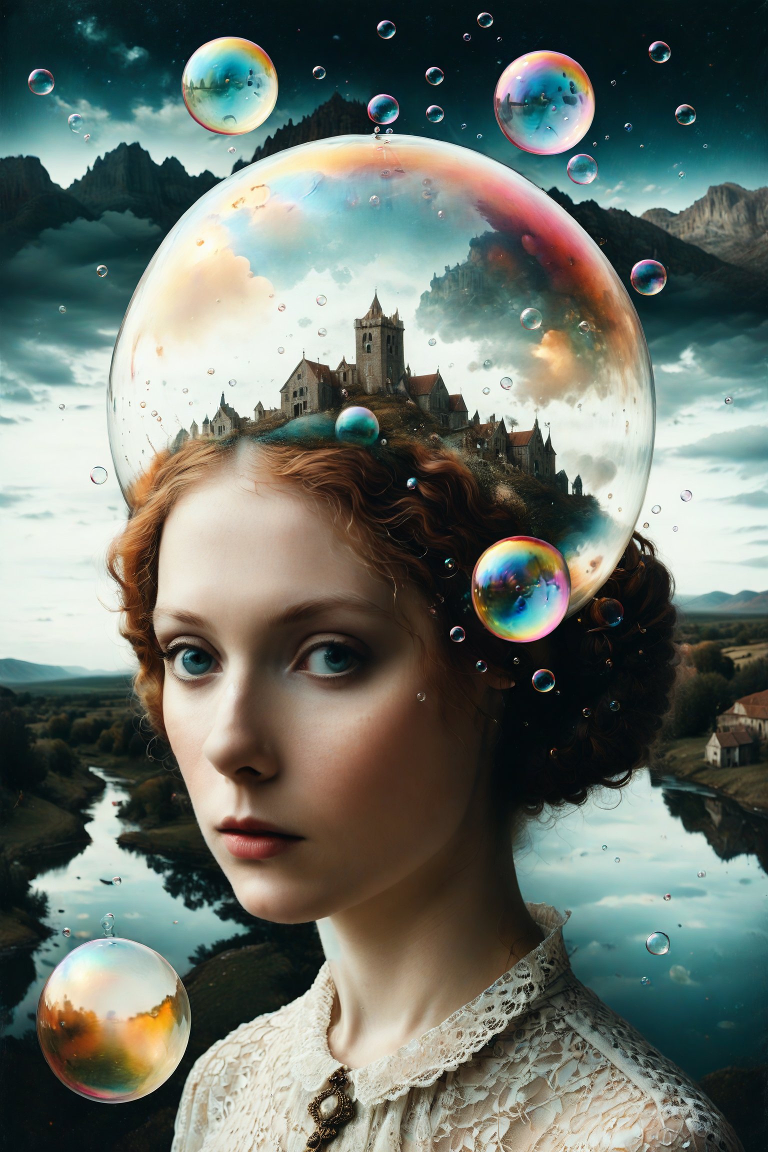 Generate an aesthetically fascinating collage artwork, complex double exposure art by Alex Stoddard, Natalia Drepina and Brooke Shaden, a surreal postcard. Double exposure of a woman with a bubbles composition in her head, as a form of thoughts. long_exposure, long_exposure