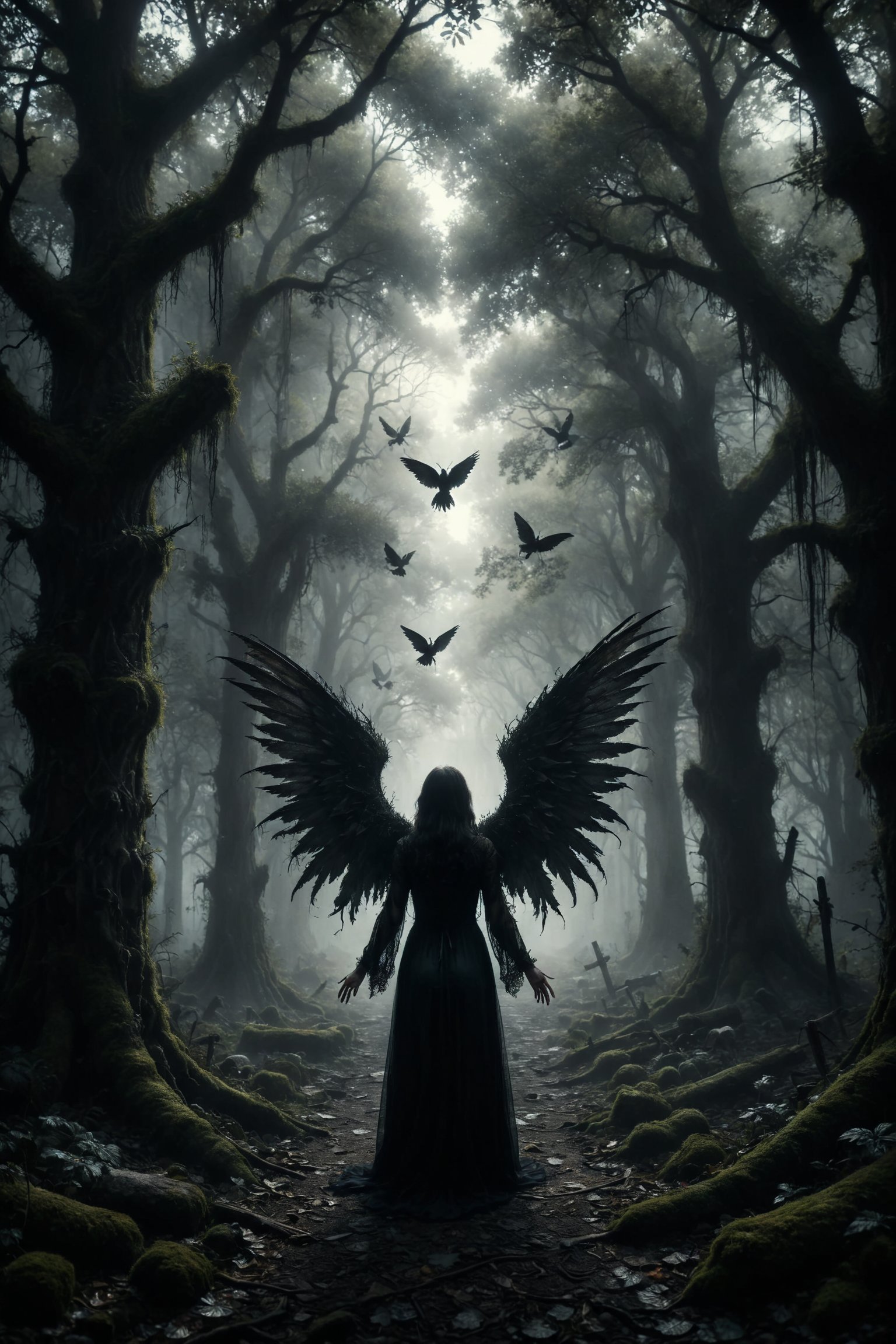 mitica y misteriosa escena gotica de Un hada oscura con alas translúcidas, susurrando secretos y profecías en un bosque de árboles retorcidos y misteriosos.