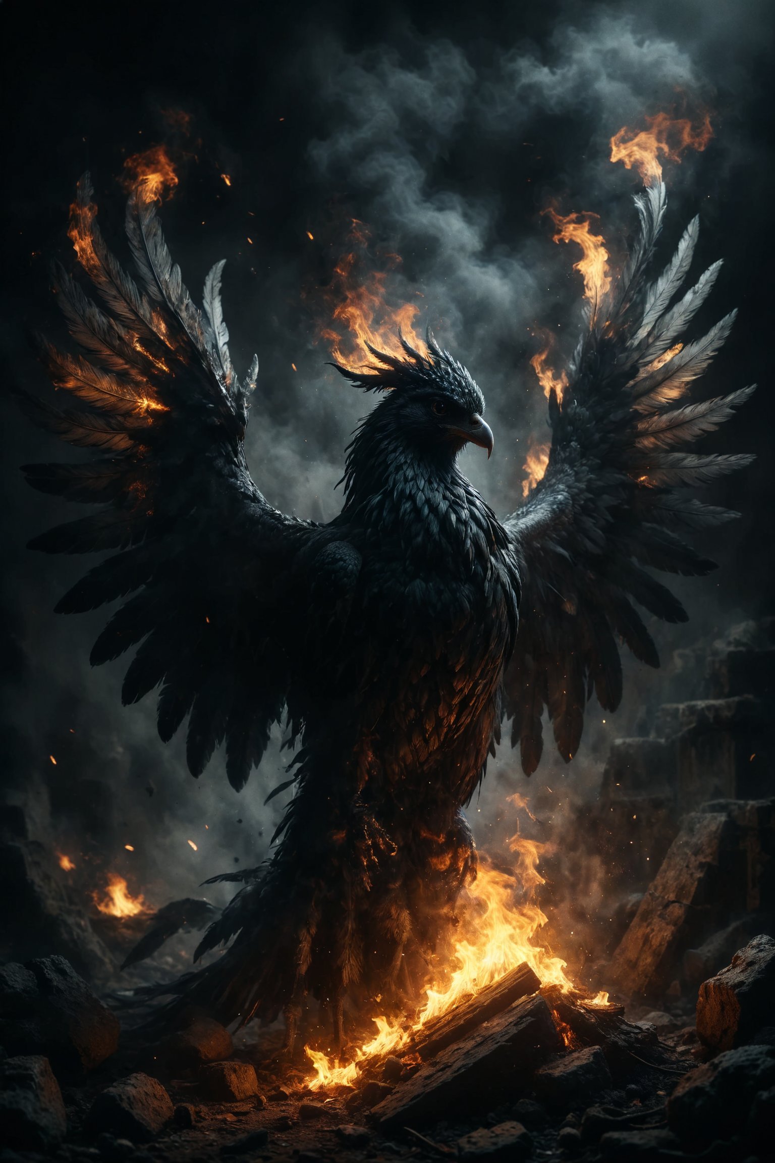 mitica y misteriosa escena gotica de Un fénix oscuro emergiendo de las cenizas, con plumas que brillan con un fuego interno y misterioso.