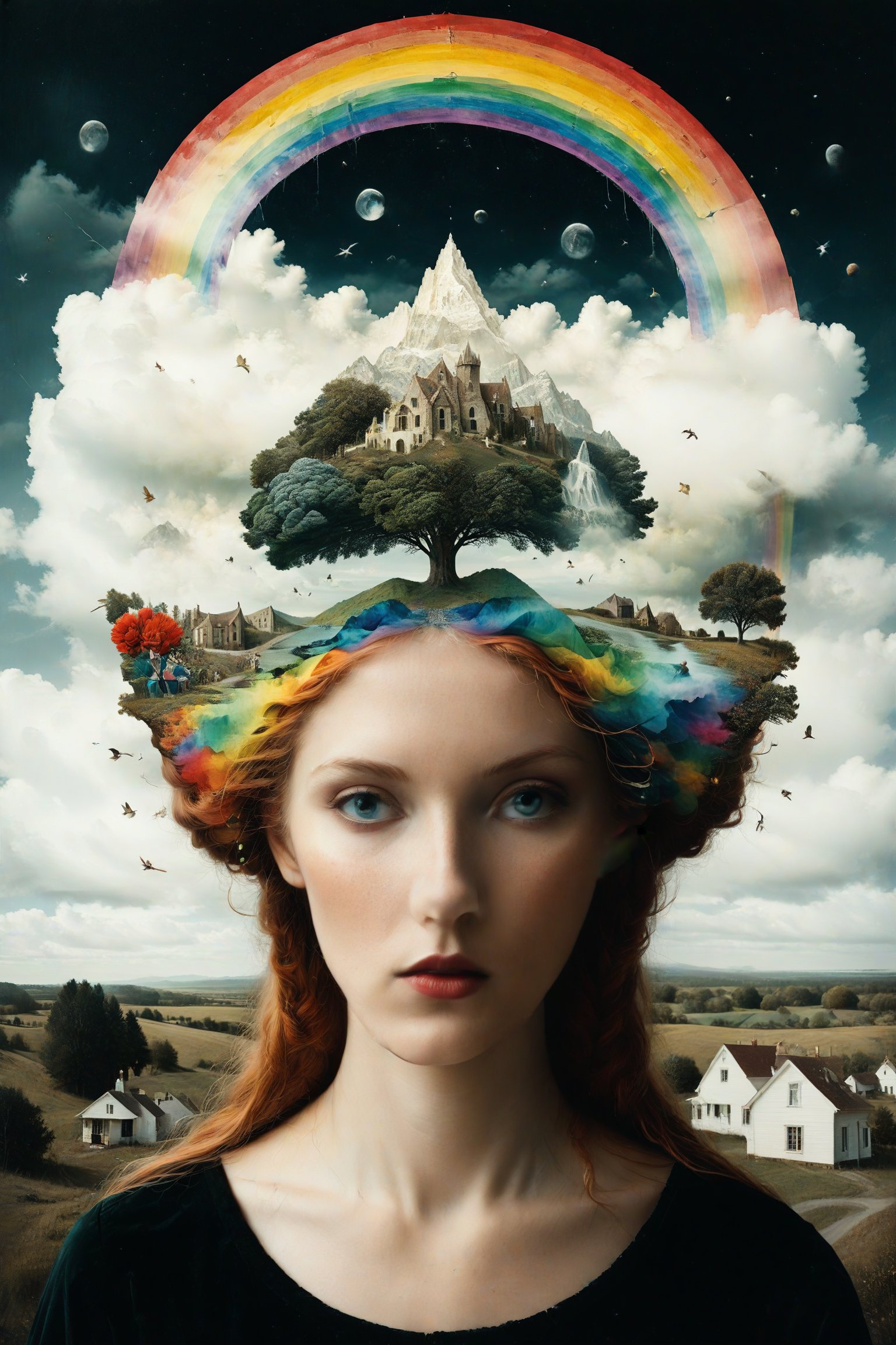 Generate an aesthetically fascinating collage artwork, complex double exposure art by Alex Stoddard, Natalia Drepina and Brooke Shaden, a surreal postcard. Double exposure of a woman with a rainbow composition in her head, as a form of thoughts. long_exposure, long_exposure