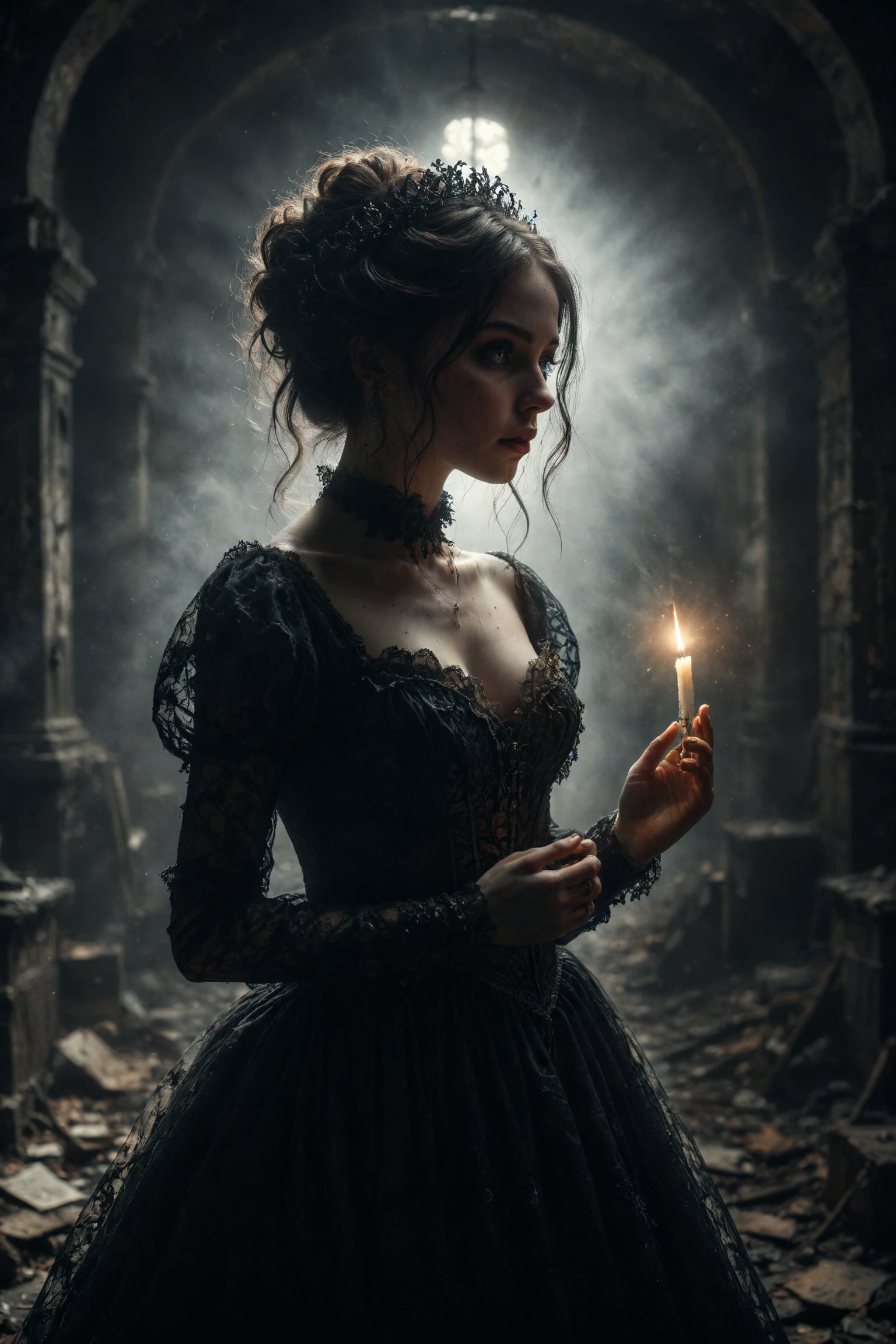 mitica y misteriosa escena gotica de Un espectro de una dama en vestido victoriano, con una luz fría y etérea que irradia desde su presencia fantasmal.