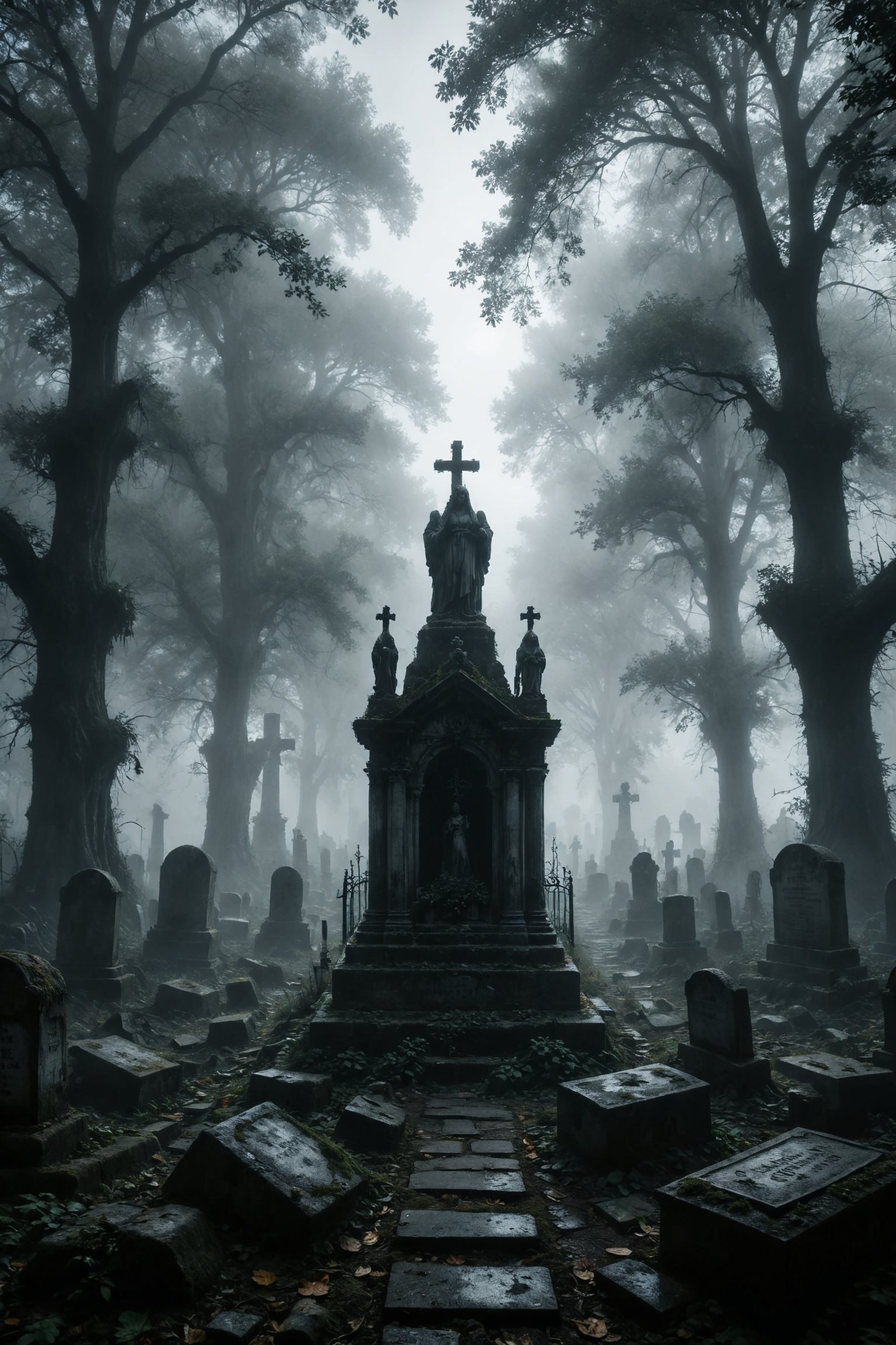 mitica y misteriosa escena gotica de Un cementerio envuelto en niebla donde las lápidas parecen susurrar historias de almas perdidas y buscadoras de paz.