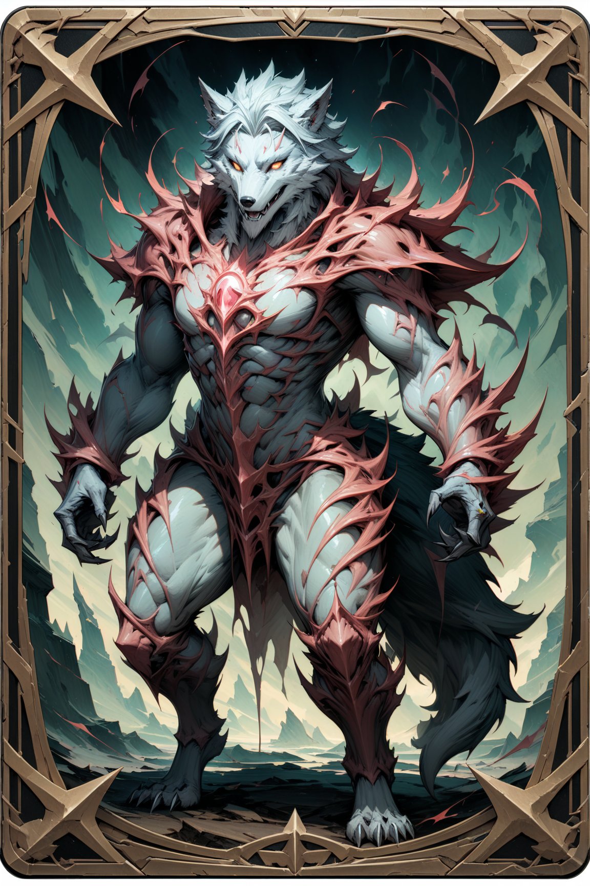 (masterpiece:1.4), ((best quality, 8k, ultra-detailed)), lancardium man wolf mosnter iridicent, monster illustration, beautiful, full body, in TCG Card frame