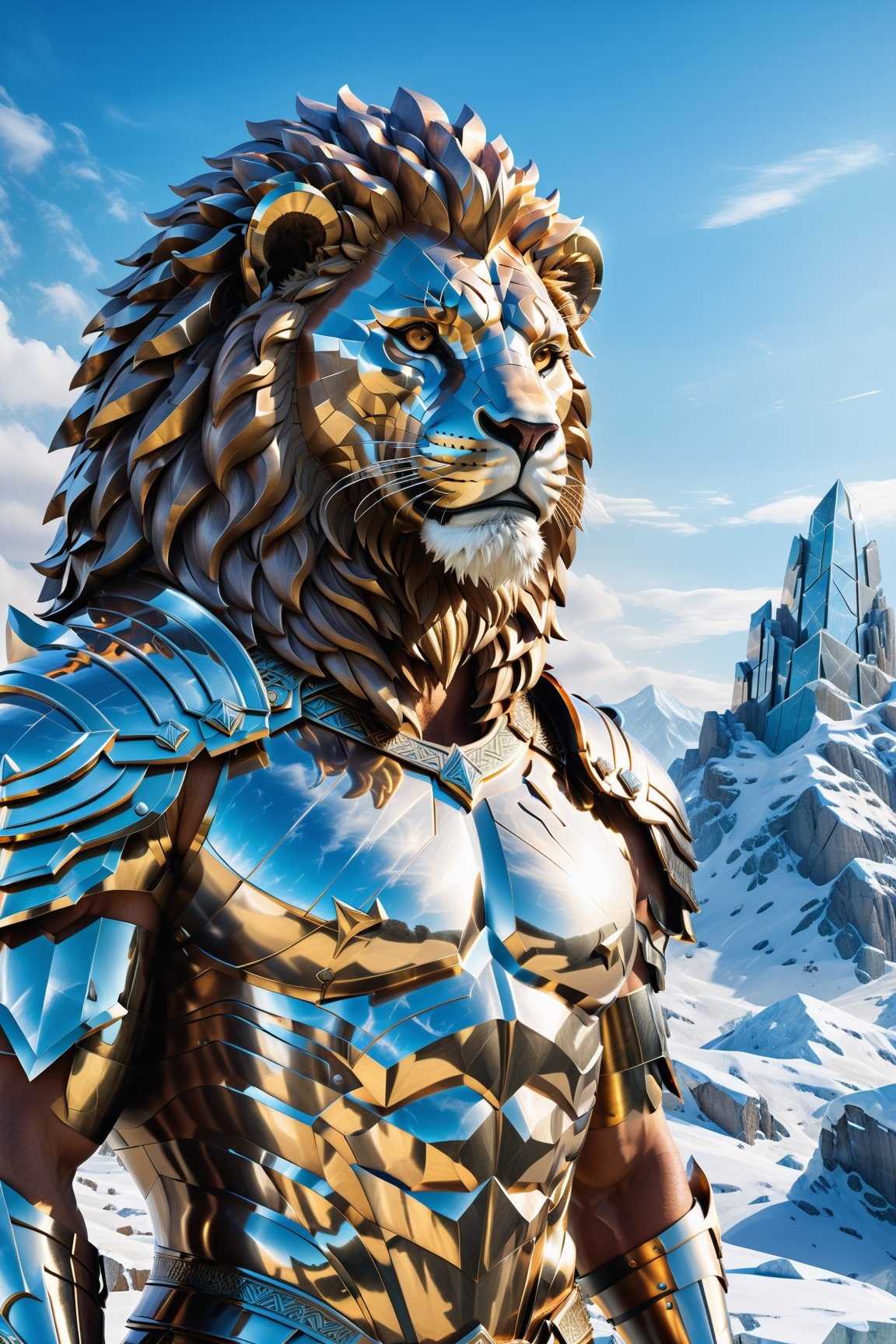 High definition photorealistic render of a incredible and mysterious mythological character of a warrior men whit head lion in gladiator armor mistycal in a mounstains whit luxury architecture parametric design in background, sky efect iridicent, blocks ice, with hypermaximalist details, marble, metal and glass parametric zaha hadid