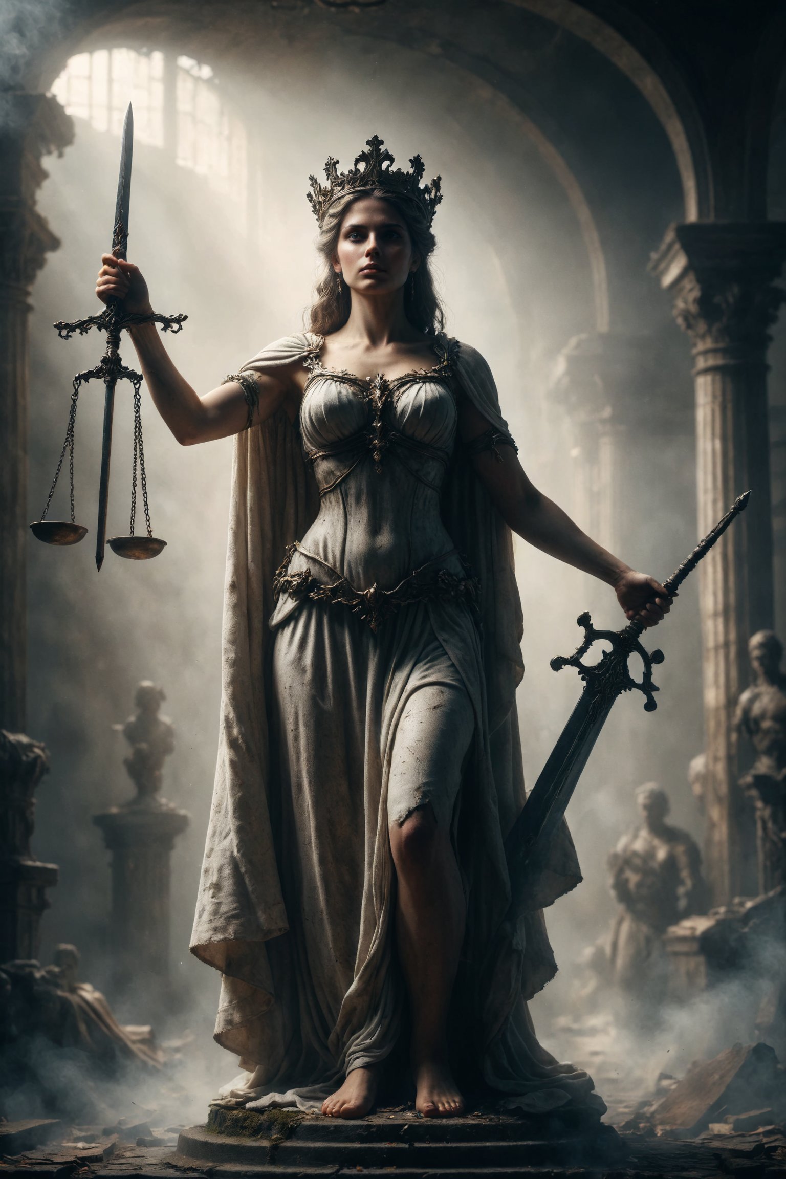 queen of justice full body, Justitia stands with scales in one hand and a sword in the other, her eyes unyielding in their determination for fairness. Her posture radiates authority and impartiality.