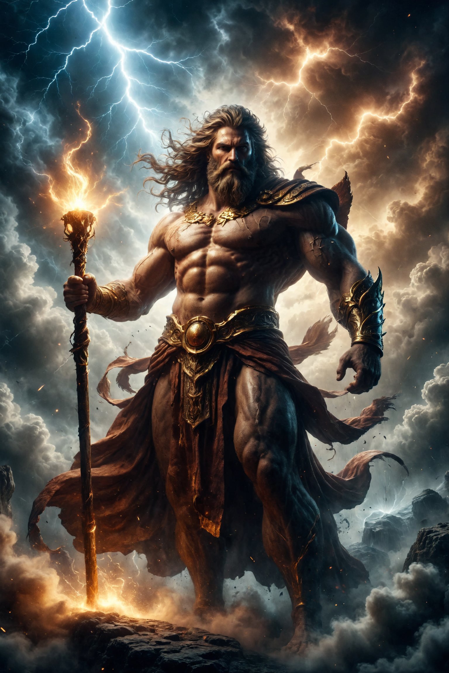 King of jupiter zeus full body, is a majestic and powerful god, wielding a lightning bolt. His colossal presence and authority symbolize the size and grandeur of Jupiter, the king of planets. Tall and stately, with a thick beard and wavy hair. He wears a royal robe and holds a thunderbolt in one hand and a scepter in the other. His gaze is powerful and wise, like the ruler of all the gods.