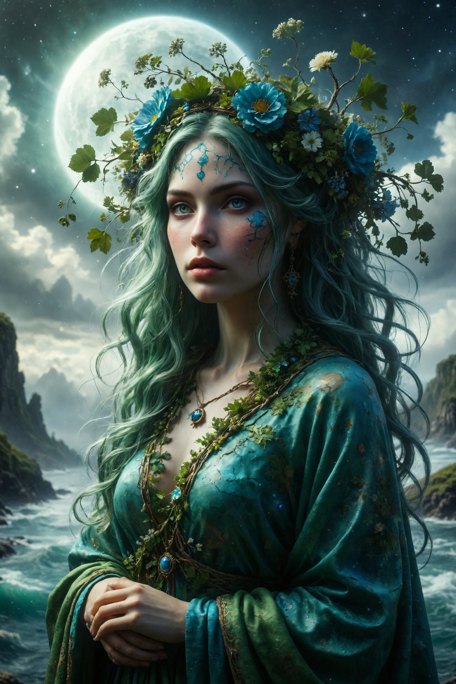 Queen of earth Gaia full budy, with his planet in the background, is a fertile and generous goddess, with an appearance that reflects the abundance of nature. She wears a green and blue mantle, full body, representing Earth's oceans and continents. She has the form of a robust and strong woman, with green hair and eyes that reflect the diversity of life on Earth. She wears a robe that shows the continents and oceans, and has branches and flowers tangled in her hair. full body