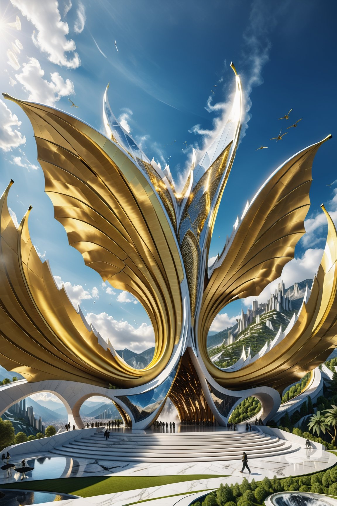 High definition photorealistic render of a incredible and mysterious mythological banana war in form wings mistycal in a mounstains whit luxury architecture parametric design in background, sky caotic explosions, with hypermaximalist details, marble, metal and glass parametric zaha hadid