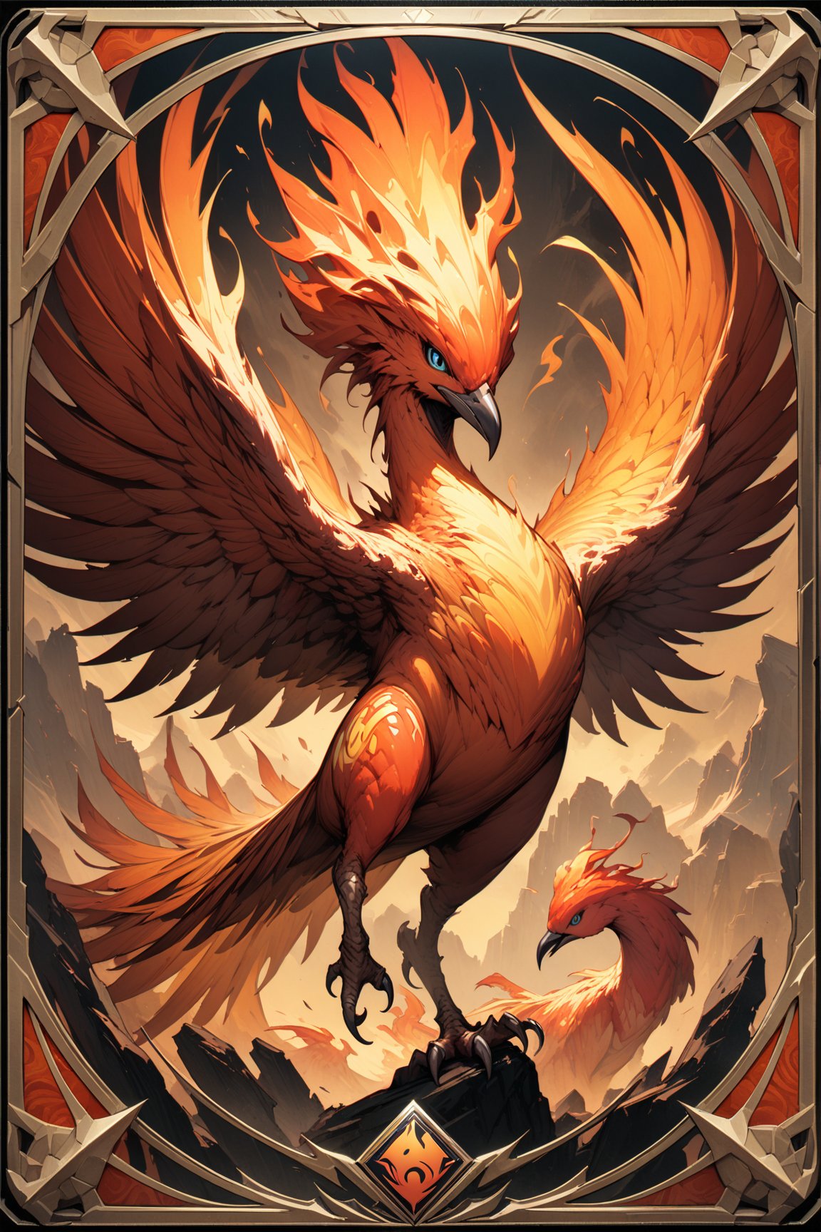 (masterpiece:1.4), ((best quality, 8k, ultra-detailed)), a phoenix, flame bird, monster illustration, beautiful, full body, in TCG Card frame