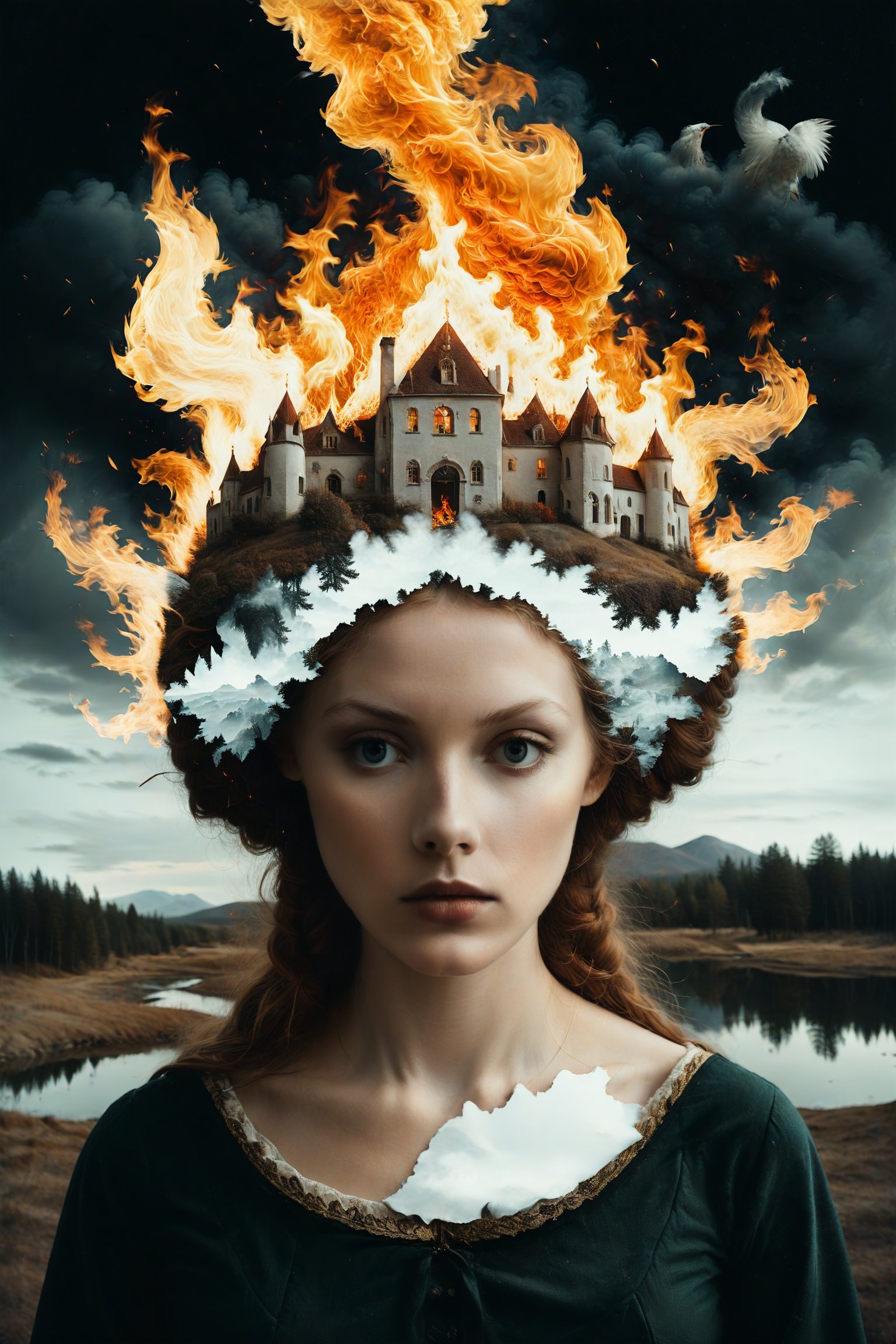 Generate an aesthetically fascinating collage artwork, complex double exposure art by Alex Stoddard, Natalia Drepina and Brooke Shaden, a surreal postcard. Double exposure of a woman with a Fire composition in her head, as a form of thoughts. long_exposure, long_exposure