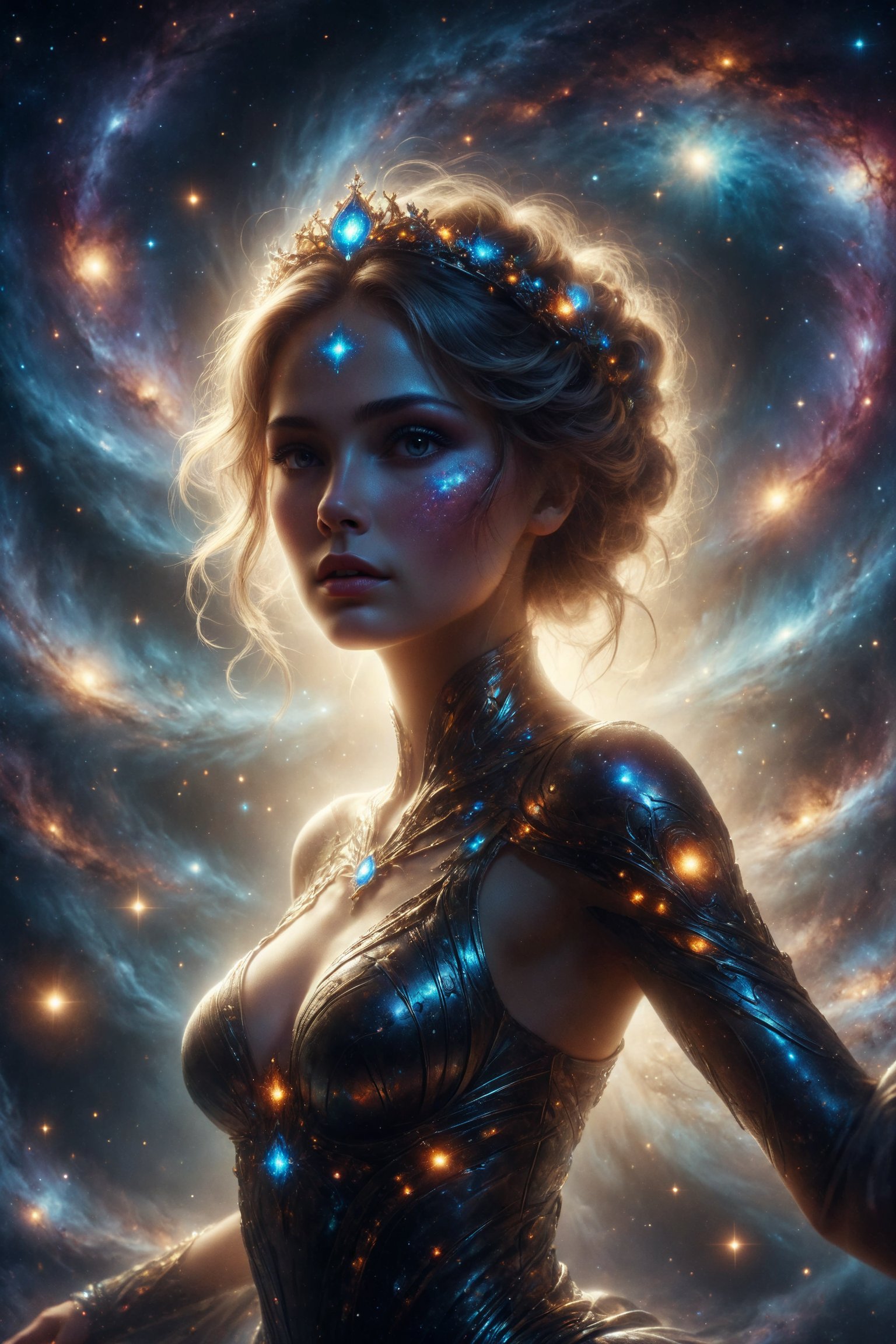 Queen of galaxia , Galaxia glows with the light of billions of stars, her form swirling like the spiral arms of a galaxy. She radiates a sense of vastness and cosmic unity.