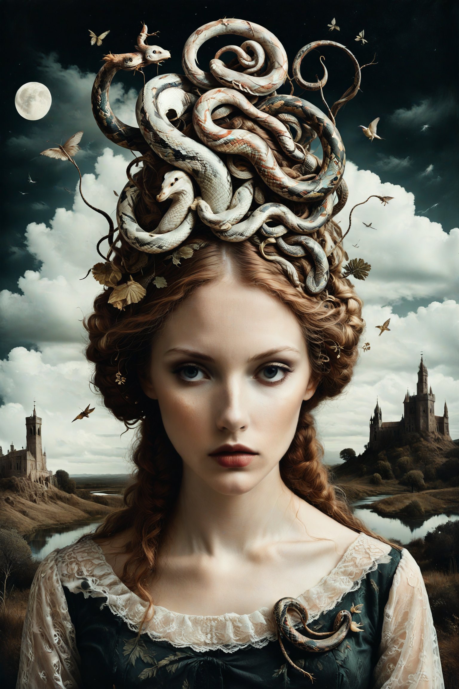Generate an aesthetically fascinating collage artwork, complex double exposure art by Alex Stoddard, Natalia Drepina and Brooke Shaden, a surreal postcard. Double exposure of a woman with a snakes composition in her head, as a form of thoughts. long_exposure, long_exposure