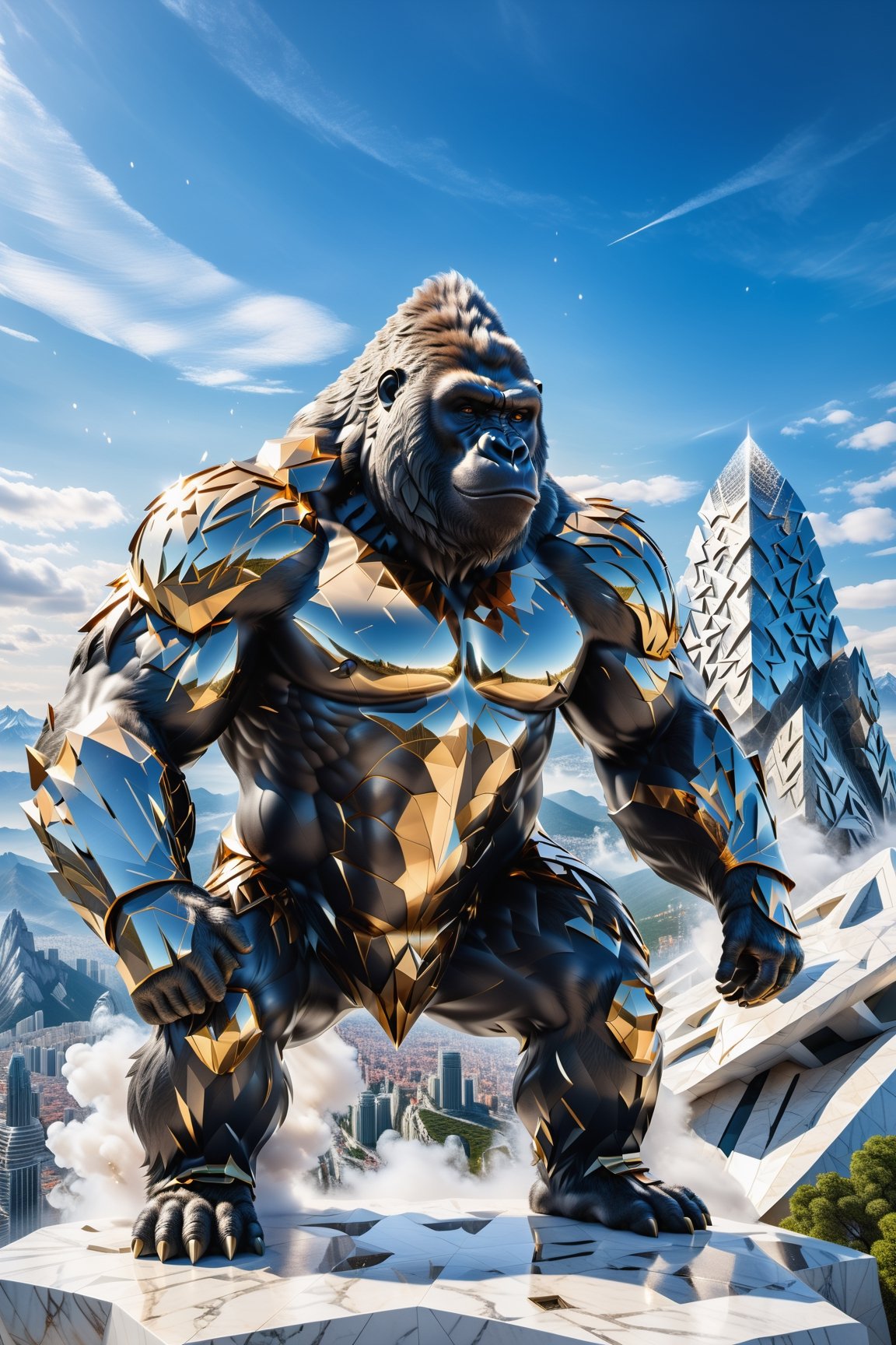 High definition photorealistic render of a incredible and mysterious mythological character of a warrior gorilla mistycal in a mounstains whit luxury architecture parametric design in background, sky caotic explosions, with hypermaximalist details, marble, metal and glass parametric zaha hadid