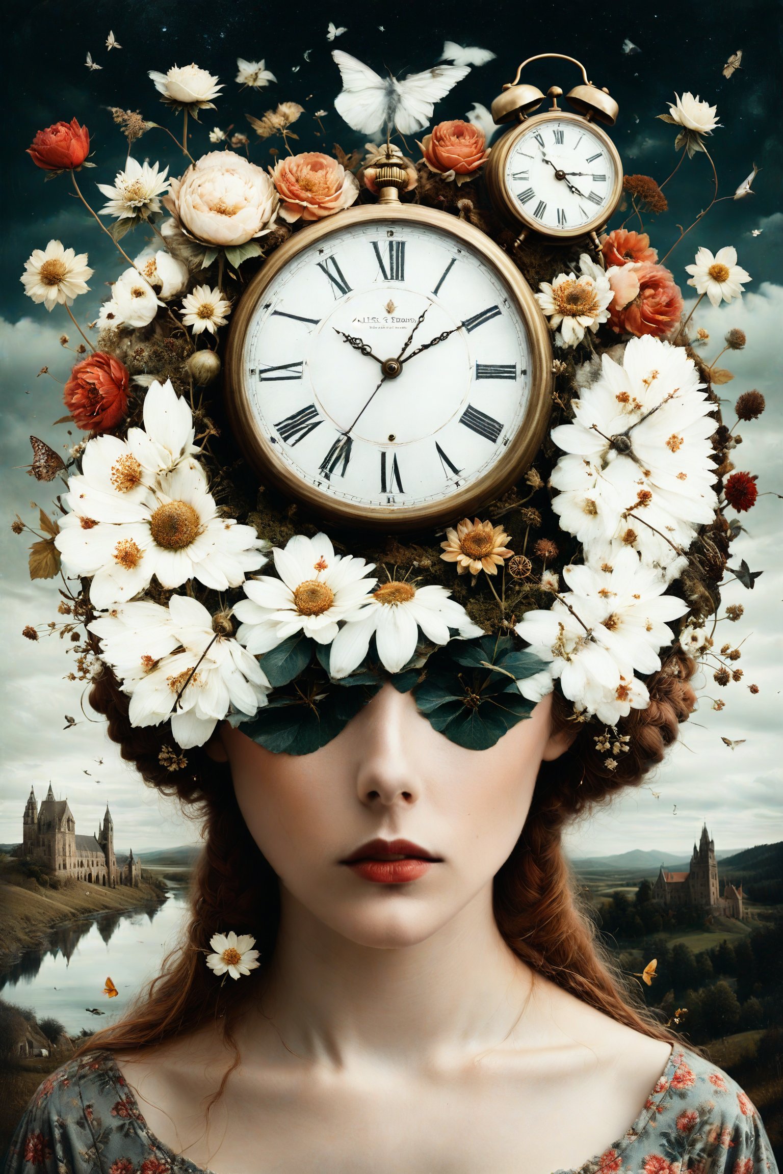 Generate an aesthetically fascinating collage artwork, complex double exposure art by Alex Stoddard, Natalia Drepina and Brooke Shaden, a surreal postcard. Double exposure of a woman with a clocks composition in her head, as a form of thoughts. long_exposure, long_exposure, flower, gbaywing