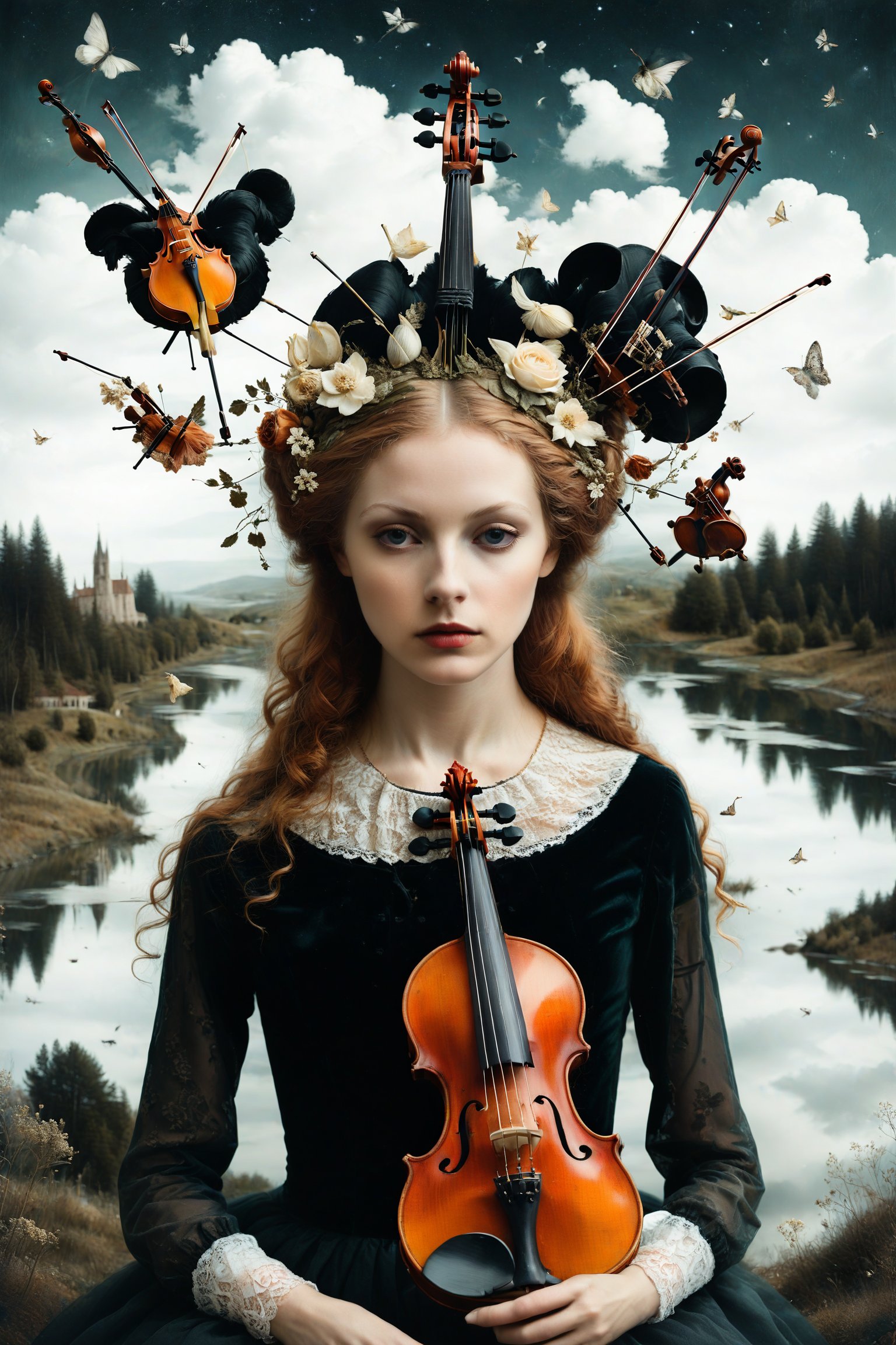 Generate an aesthetically fascinating collage artwork, complex double exposure art by Alex Stoddard, Natalia Drepina and Brooke Shaden, a surreal postcard. Double exposure of a woman with a violins composition in her head, as a form of thoughts. long_exposure, long_exposure
