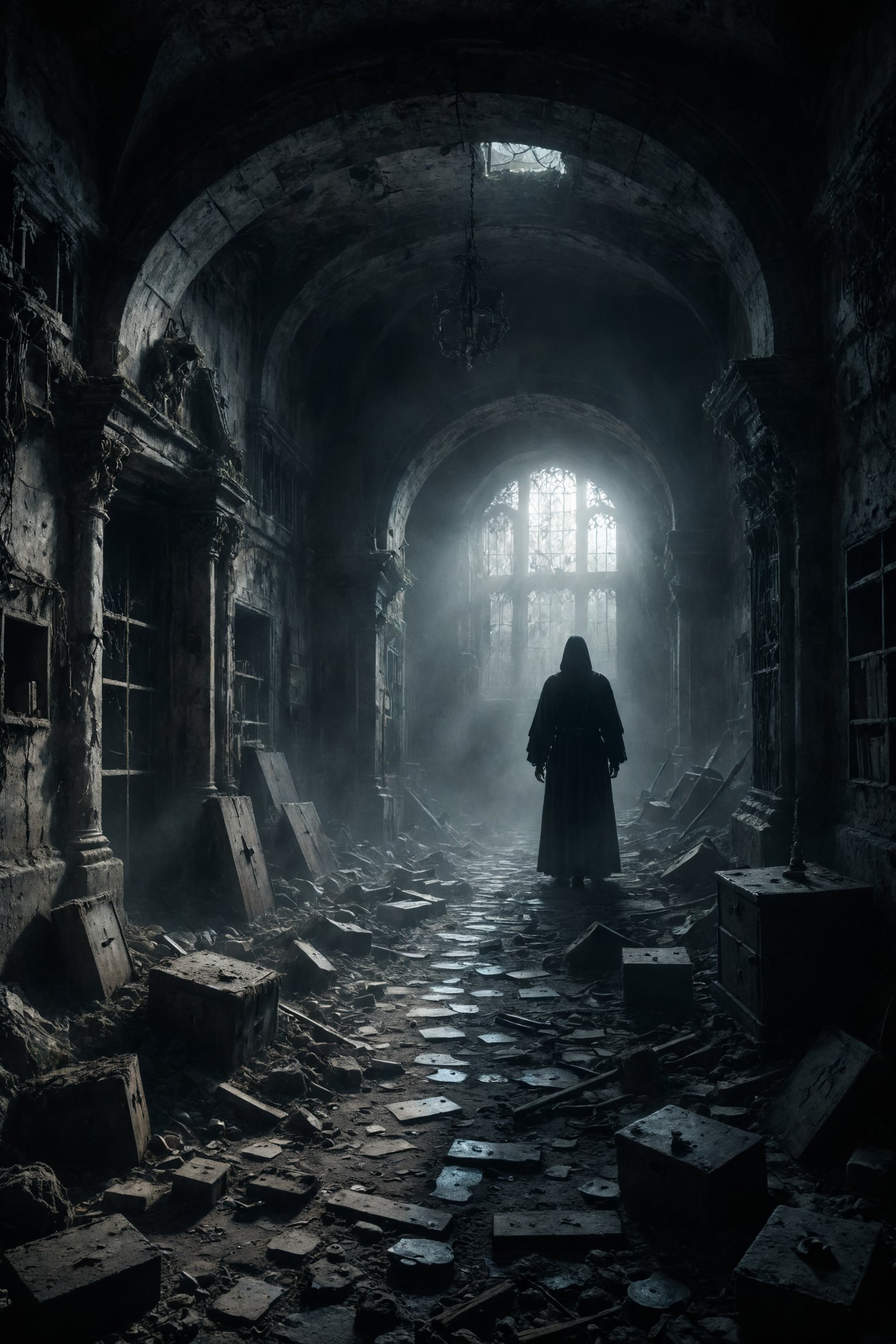 mitica y misteriosa escena gotica de Un laberinto de pasillos estrechos y sombríos donde resonan voces susurrantes que guían o confunden.