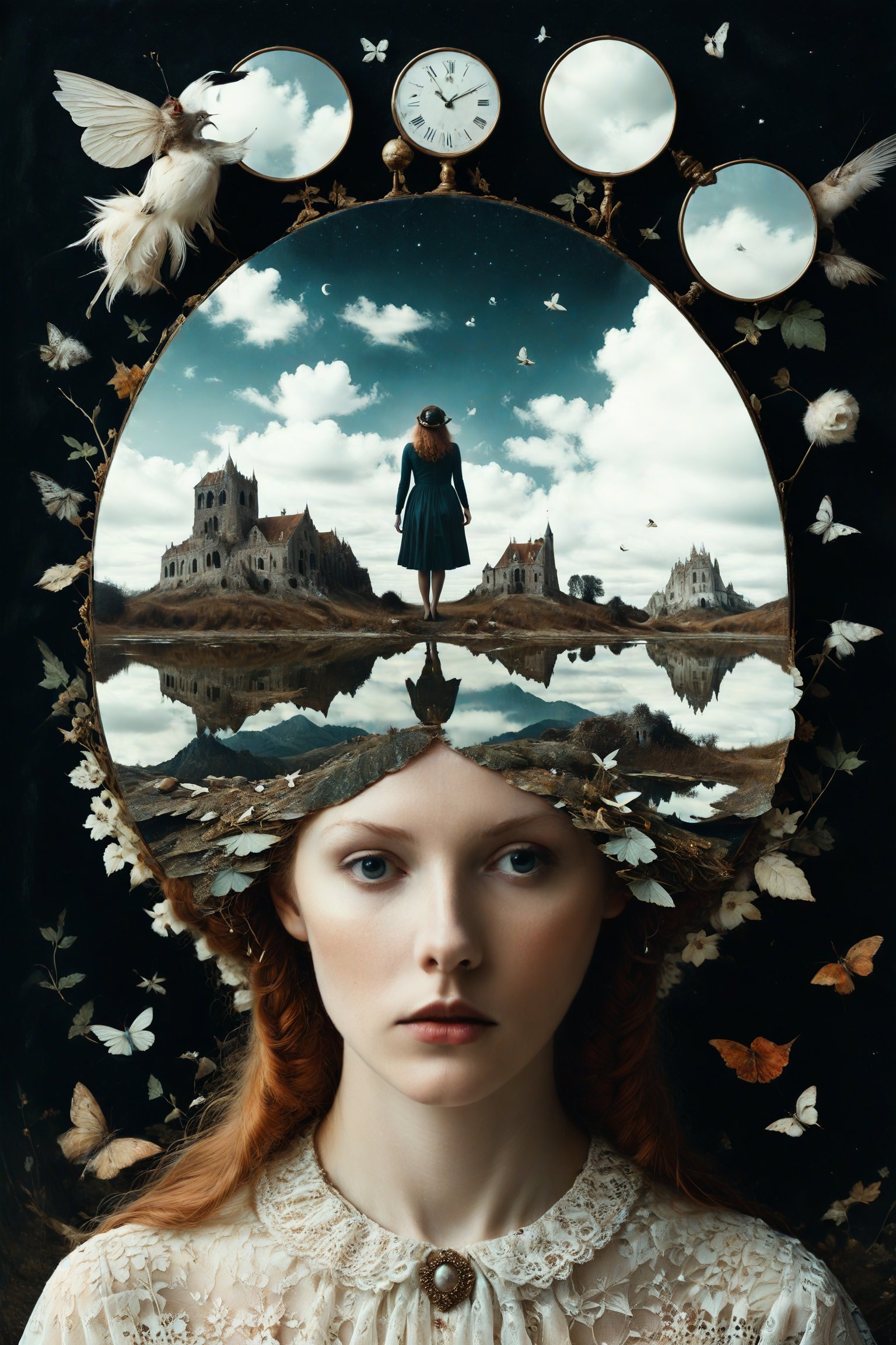 Generate an aesthetically fascinating collage artwork, complex double exposure art by Alex Stoddard, Natalia Drepina and Brooke Shaden, a surreal postcard. Double exposure of a woman with a Mirrors composition in her head, as a form of thoughts. long_exposure, long_exposure