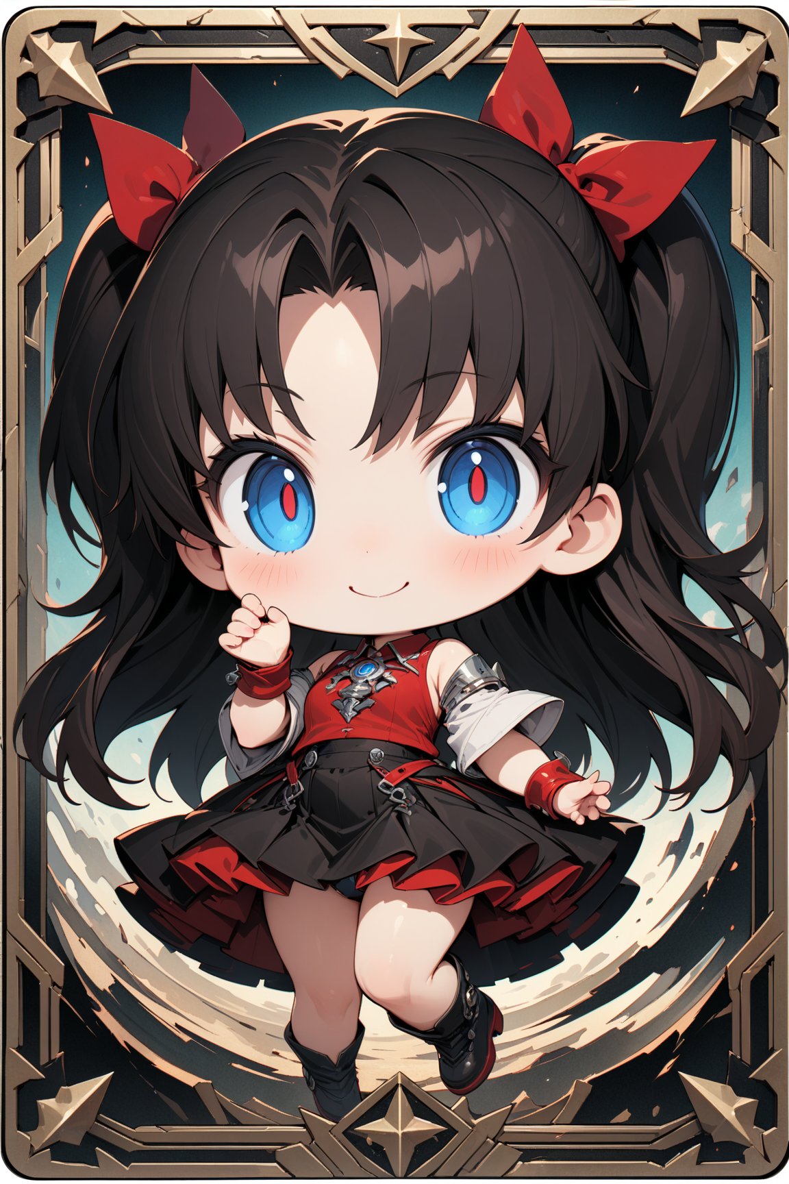 (masterpiece:1.4), ((best quality, 8k, ultra-detailed)), perfect anatomy, detailed eyes, Rin Tohsaka, chibi, cute, kawaii, (smile:1.3), full body, beautiful character illustration, in TCG Card frame