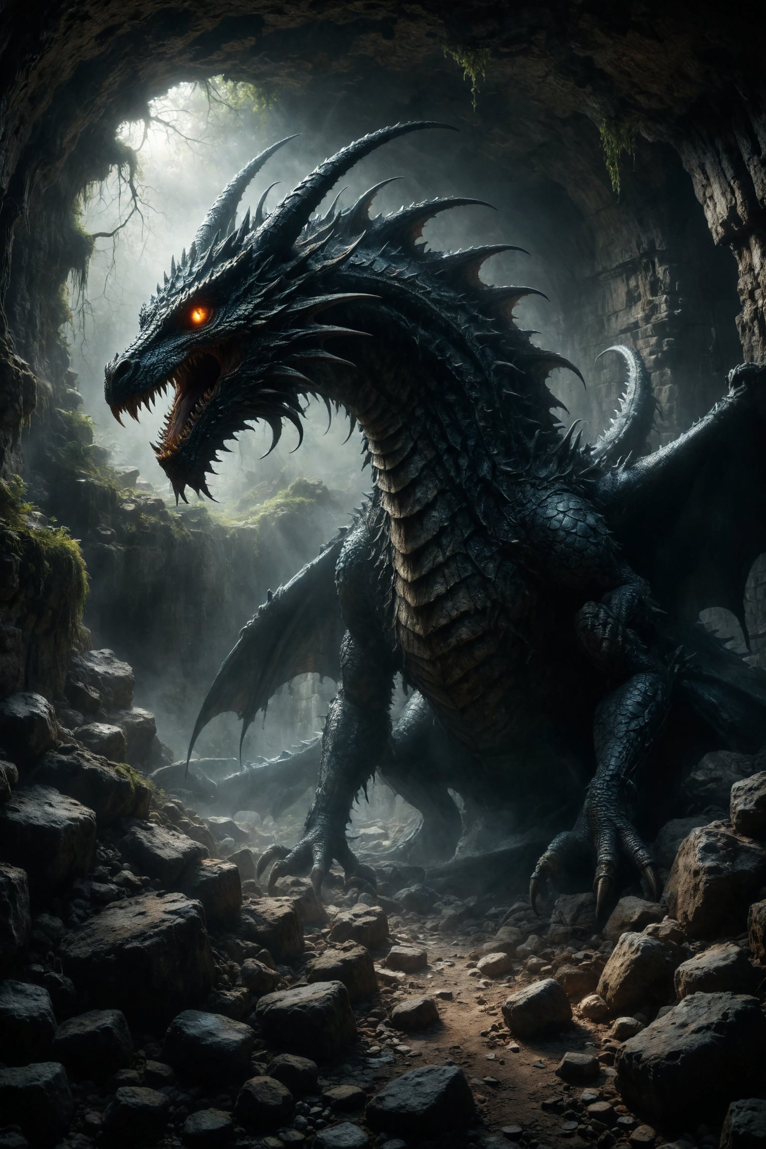mitica y misteriosa escena gotica de Un dragón de escamas oscuras y ojos resplandecientes, custodiando un tesoro en una cueva llena de estalactitas afiladas.