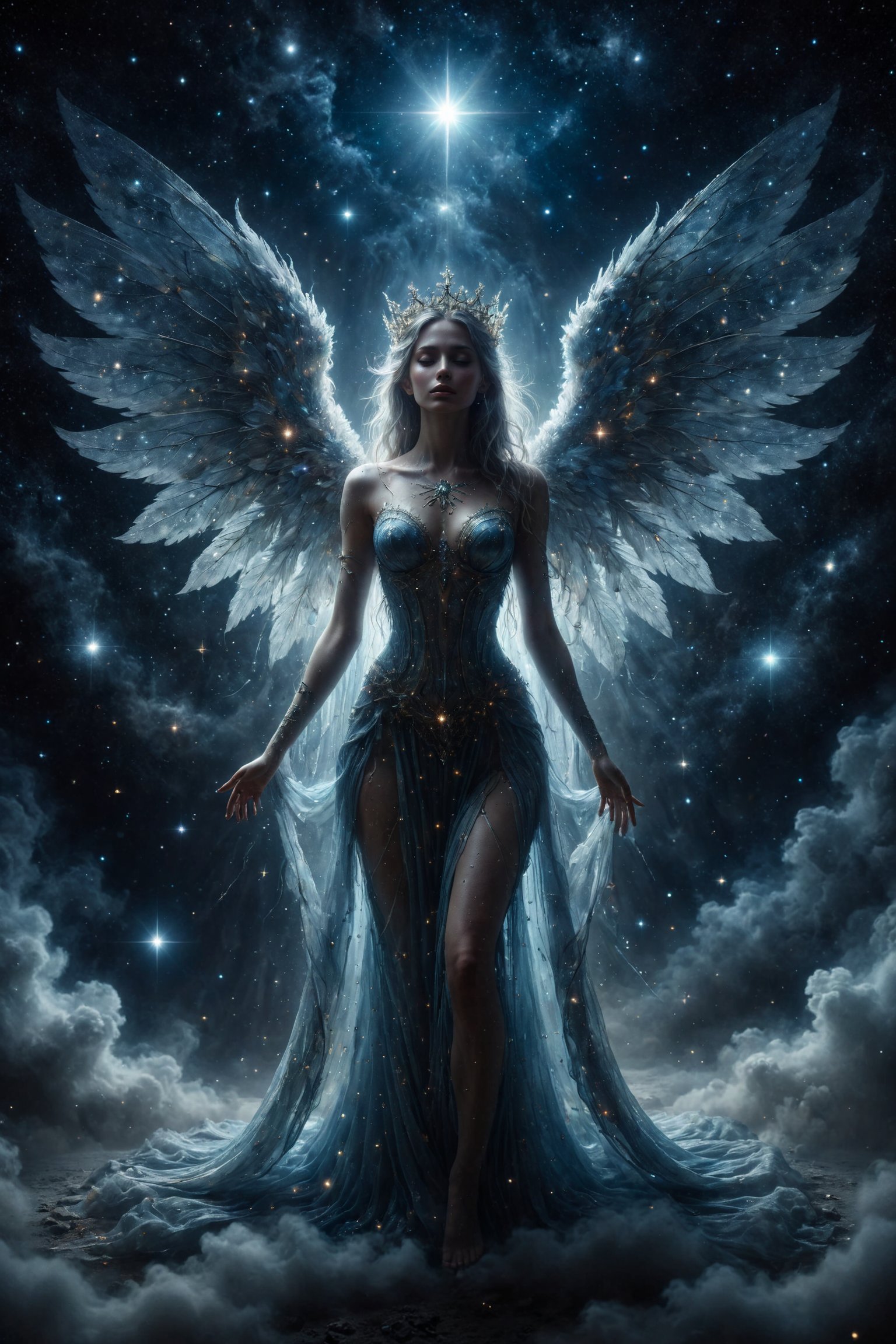 Queen King of stars astrea, full body,She is ethereal and celestial, with her body covered in stars that glow in the dark. It has transparent wings like the night sky and a deep gaze that seems to encompass the universe. His presence emanates peace and cosmic order.